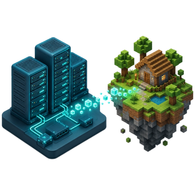 Isometrische Darstellung: Server-Rack verbunden mit Minecraft-Welt