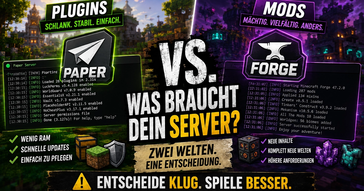 Zwei Minecraft-Server-Konsolen nebeneinander, links ein Plugin-Server mit Paper-Logo und rechts ein Modpack-Server mit Forge-Logo