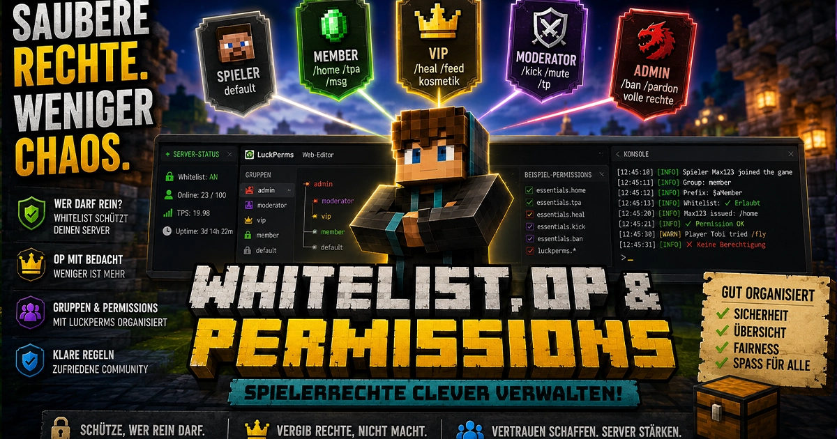 Minecraft Spielercharakter mit verschiedenen Rollen-Icons über dem Kopf, schwebend vor einem Server-Interface