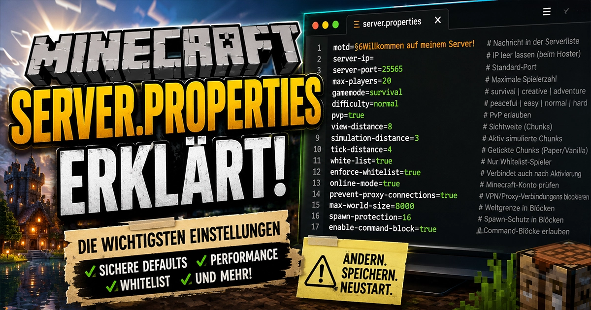 Texteditor mit der Datei server.properties eines Minecraft Servers, Zeilen mit Properties sichtbar