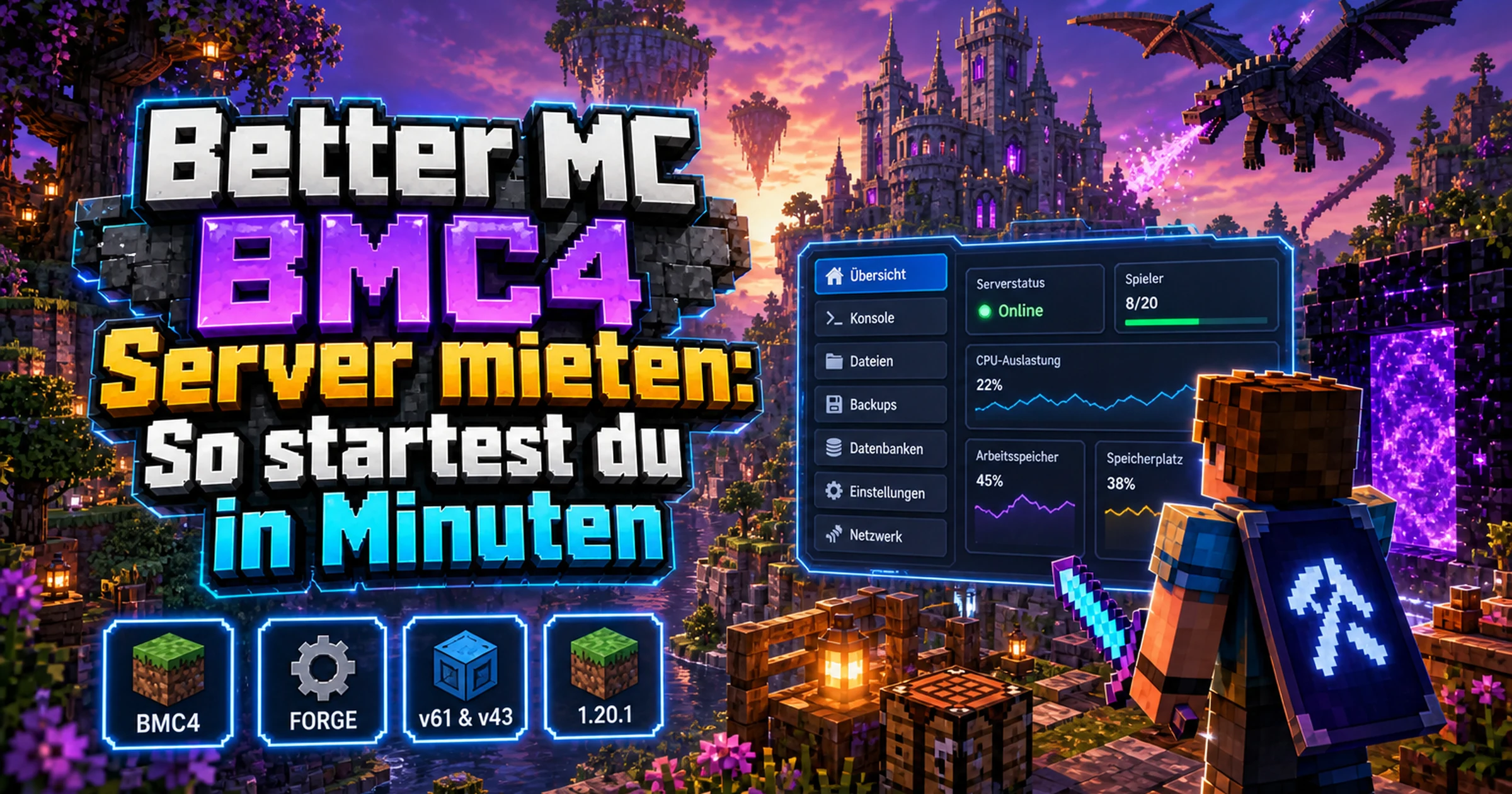 Blockige Minecraft-Landschaft mit Bergen, Schloss und Portal, die den Start eines Modpack-Servers symbolisiert