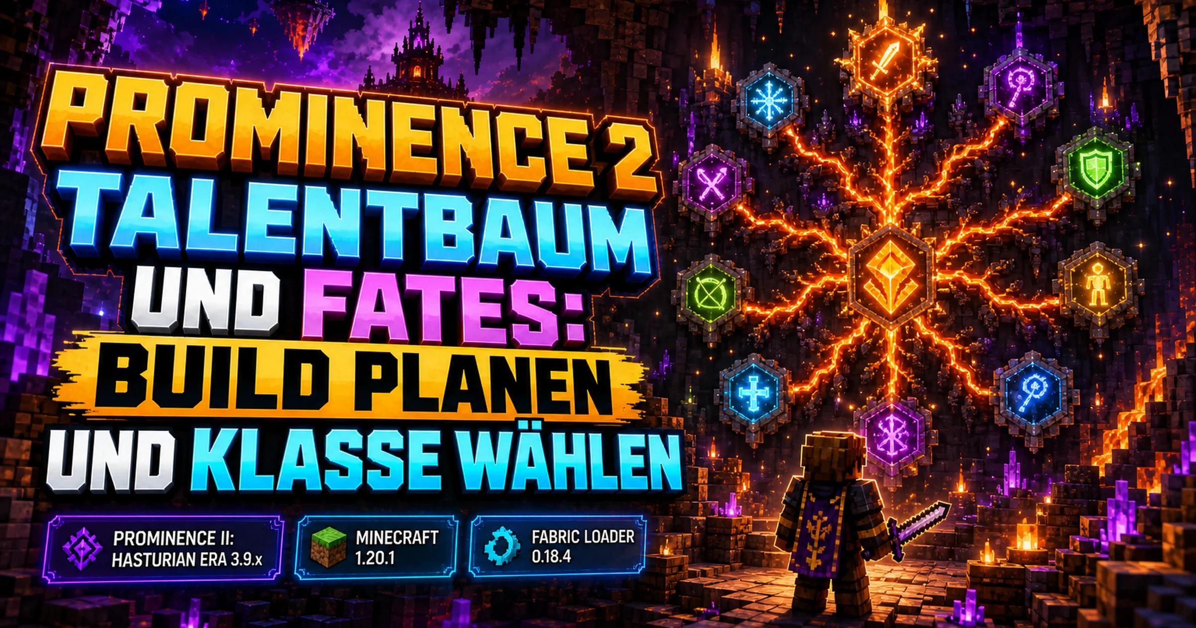 Leuchtender Talentbaum aus Lava und Kristallen mit einem Abenteurer davor im Minecraft-Stil