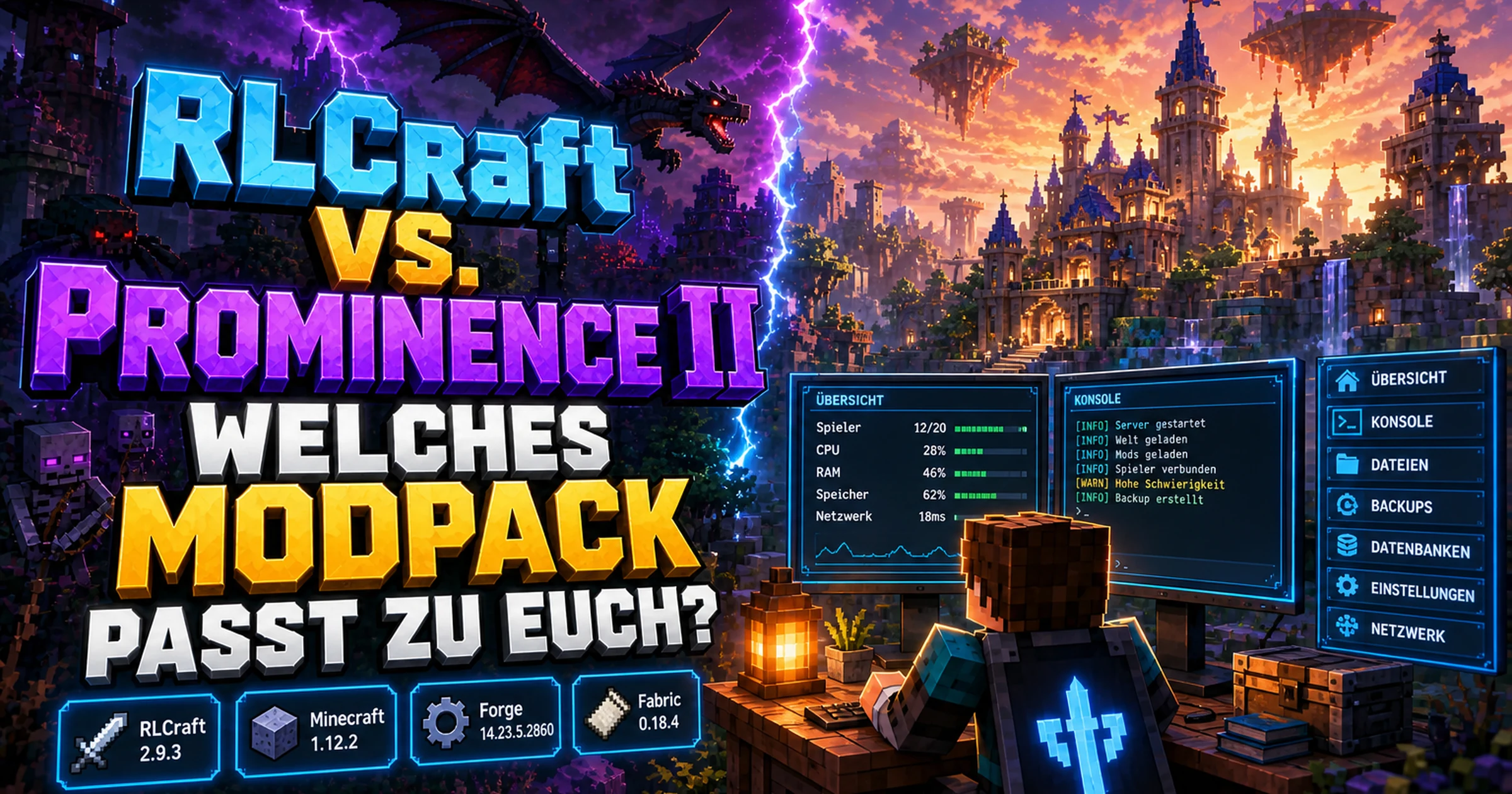 Zwei pixelige Ritter vor einem Drachen und einer Burgstadt im Split-Screen
