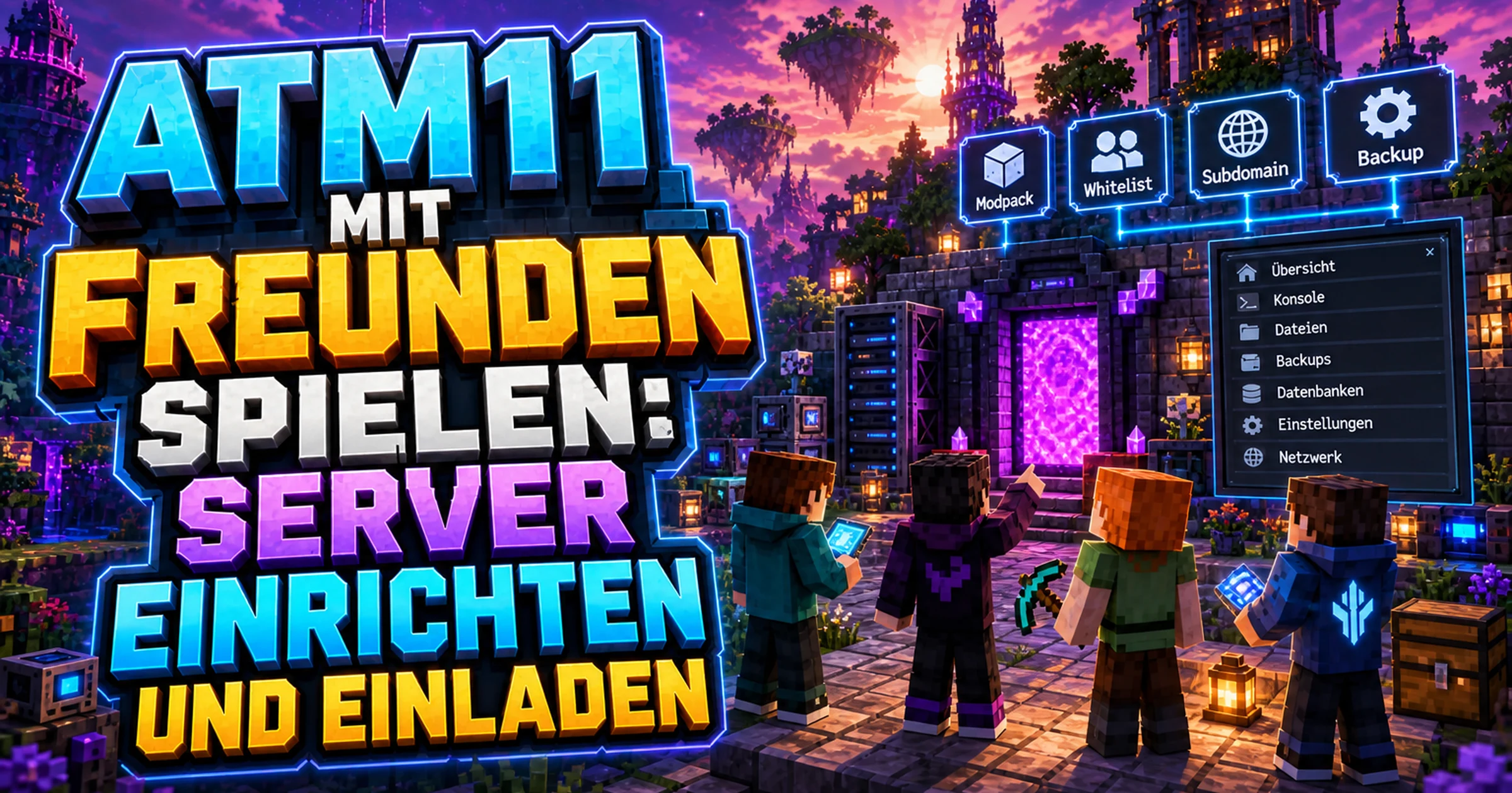 Vier blockige Minecraft-Spielfiguren stehen vor einem gemeinsamen Basislager mit Maschinen