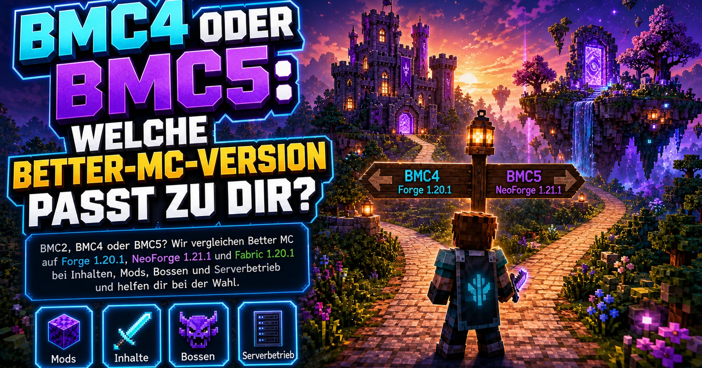 Zwei Minecraft-Wege verzweigen sich vor einem Portal, links eine Burg, rechts eine schwebende Insel