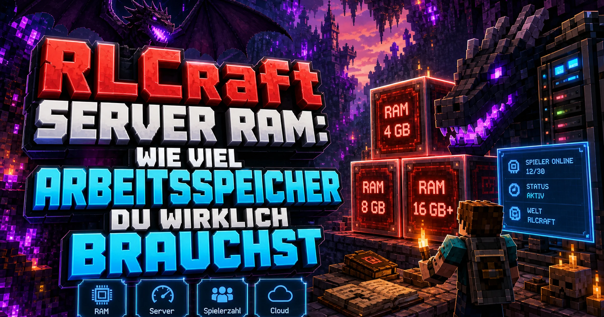Pixelige Speicherbausteine neben einem Drachenkopf vor dunklem Hintergrund