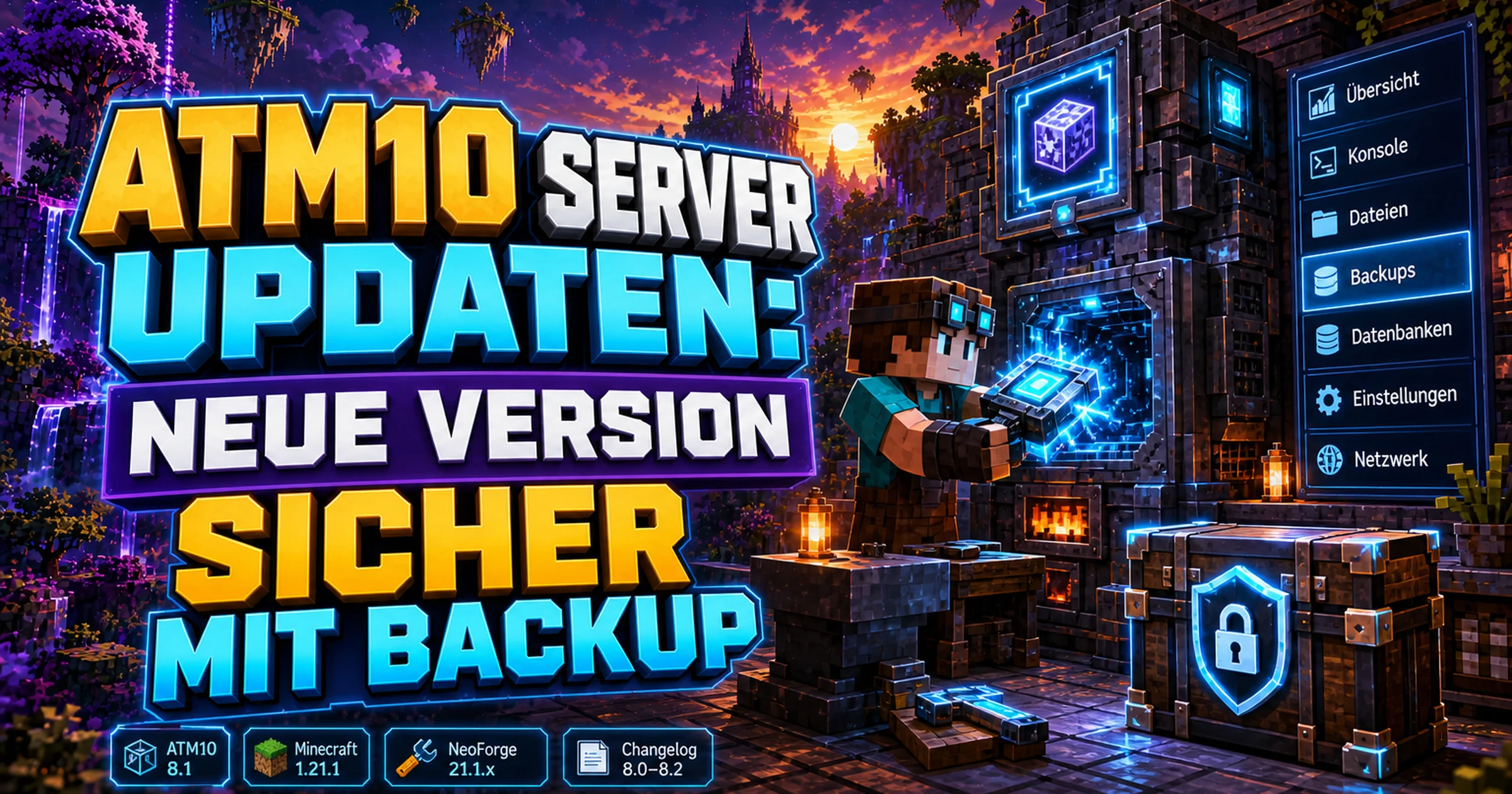 Ein Minecraft-Schmied setzt ein neues Bauteil in eine Maschine, daneben steht eine gesicherte Truhe