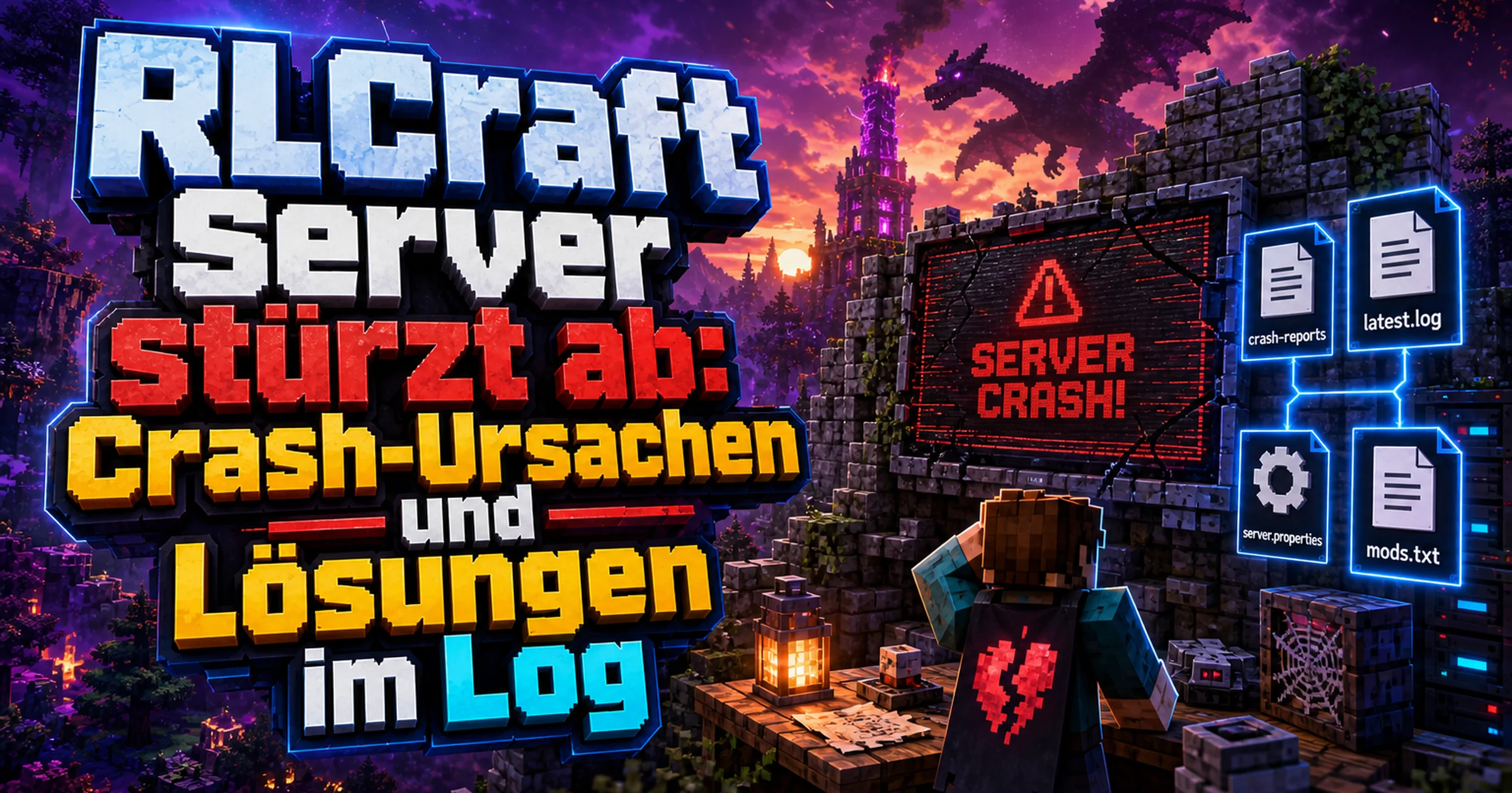 Pixelige Fehlermeldung als Redstone-Bildschirm vor einem zerstörten Turm