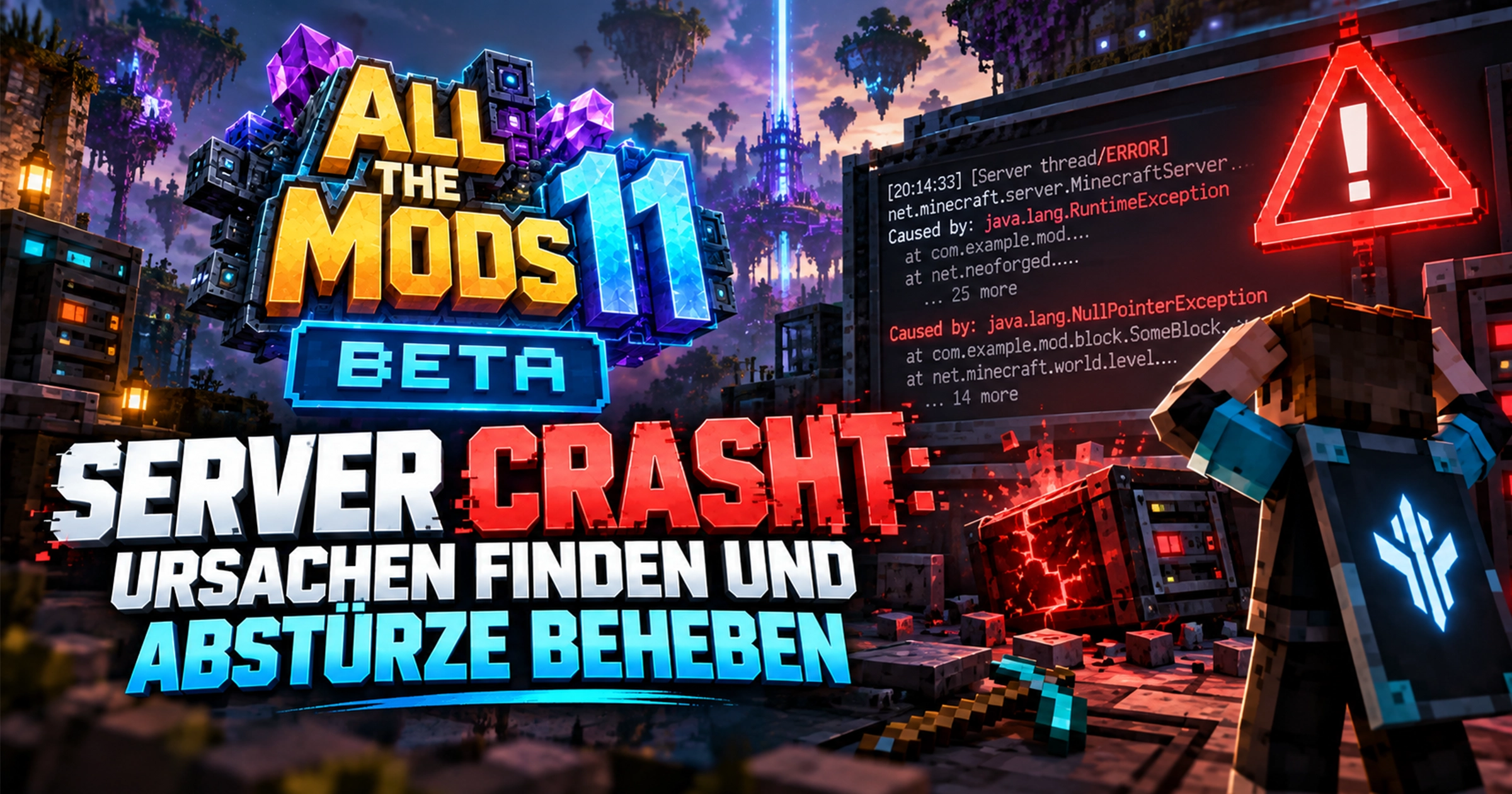 Minecraft-Server-Turm mit Rissen und Funken, davor ein aufgeschlagenes Logbuch