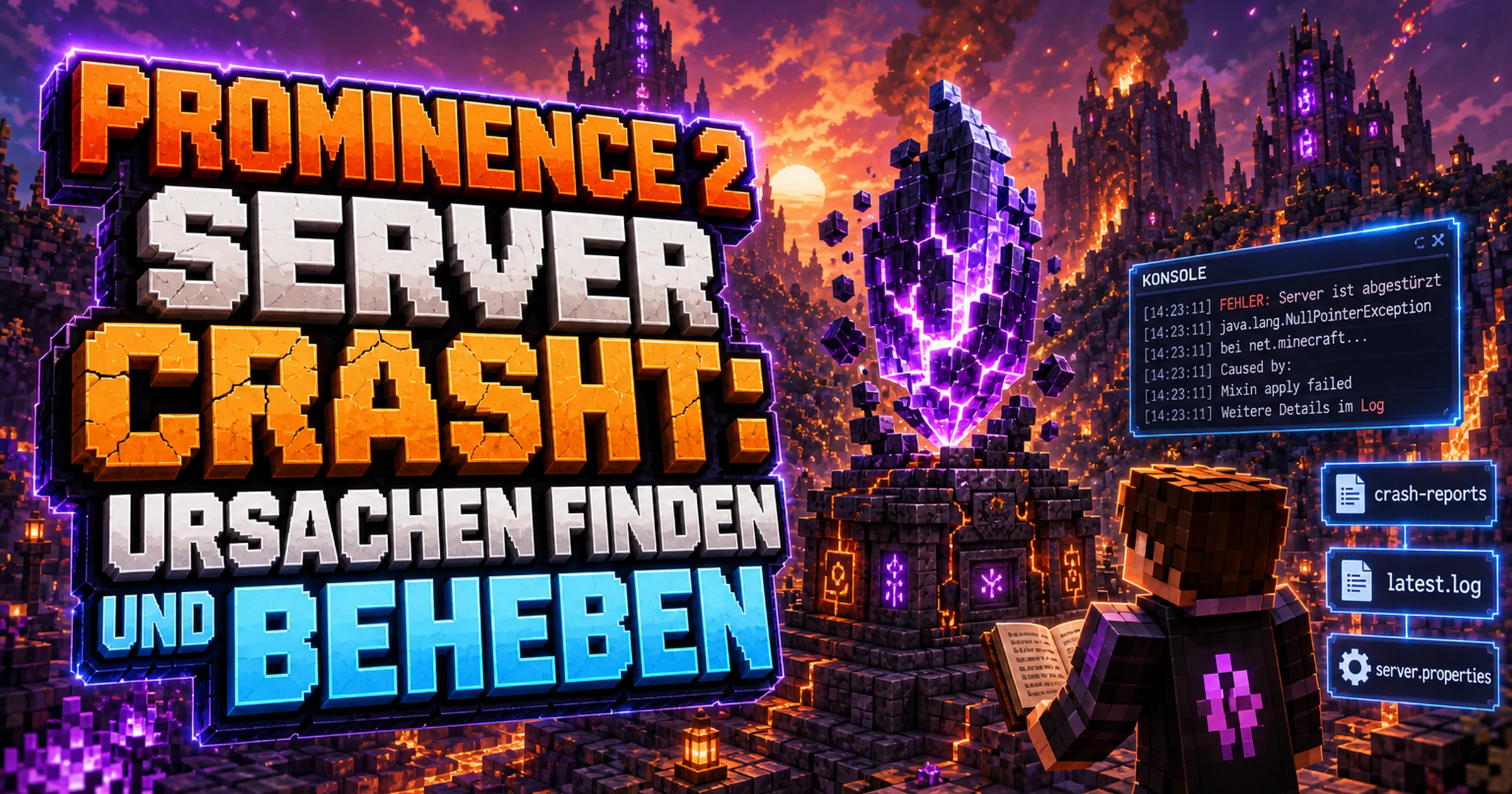 Zerbrochener Minecraft-Server-Kristall vor einer Lavalandschaft mit Rauch