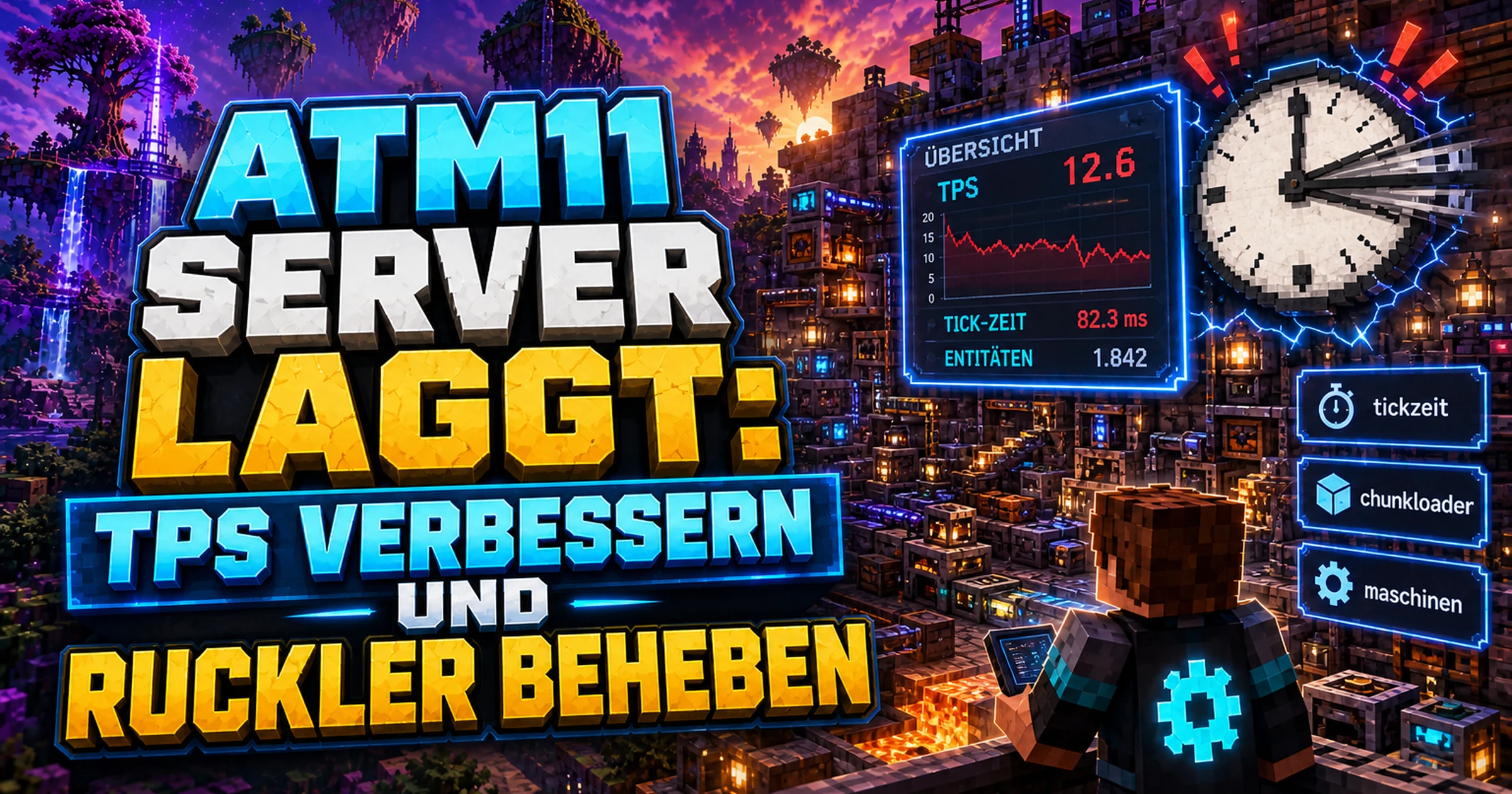 Minecraft-Fabrikhalle mit vielen Maschinen und einer verzerrten Uhr, die für Lag steht