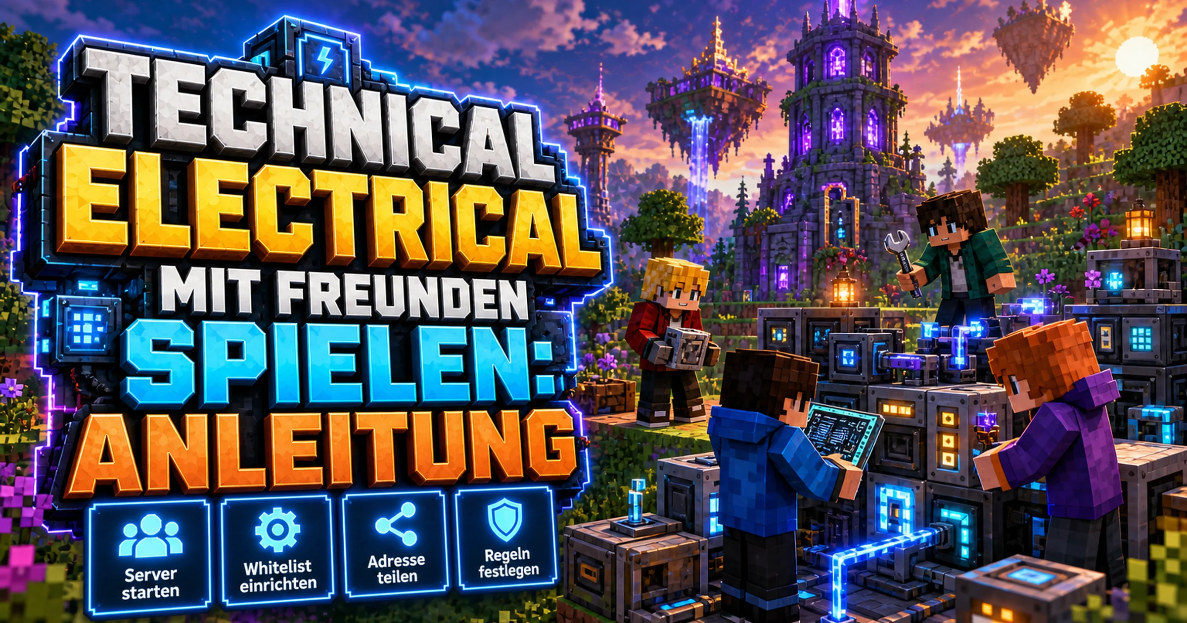 Vier blockige Minecraft-Spieler bauen gemeinsam an einer Fabrik neben einem Turm