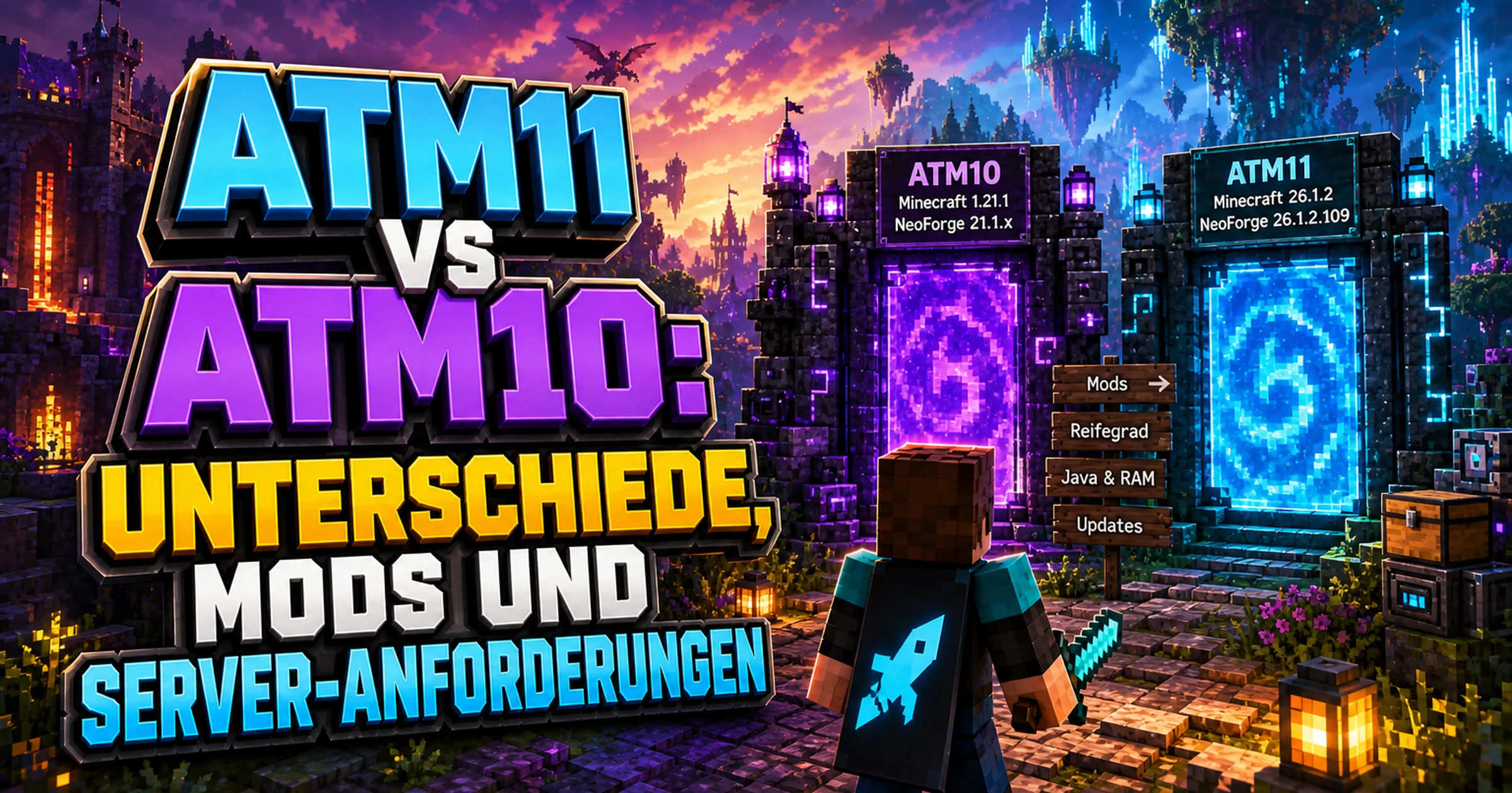 Zwei Minecraft-Portale nebeneinander, links ein vertrautes Bauwerk, rechts eine neue leuchtende Landschaft