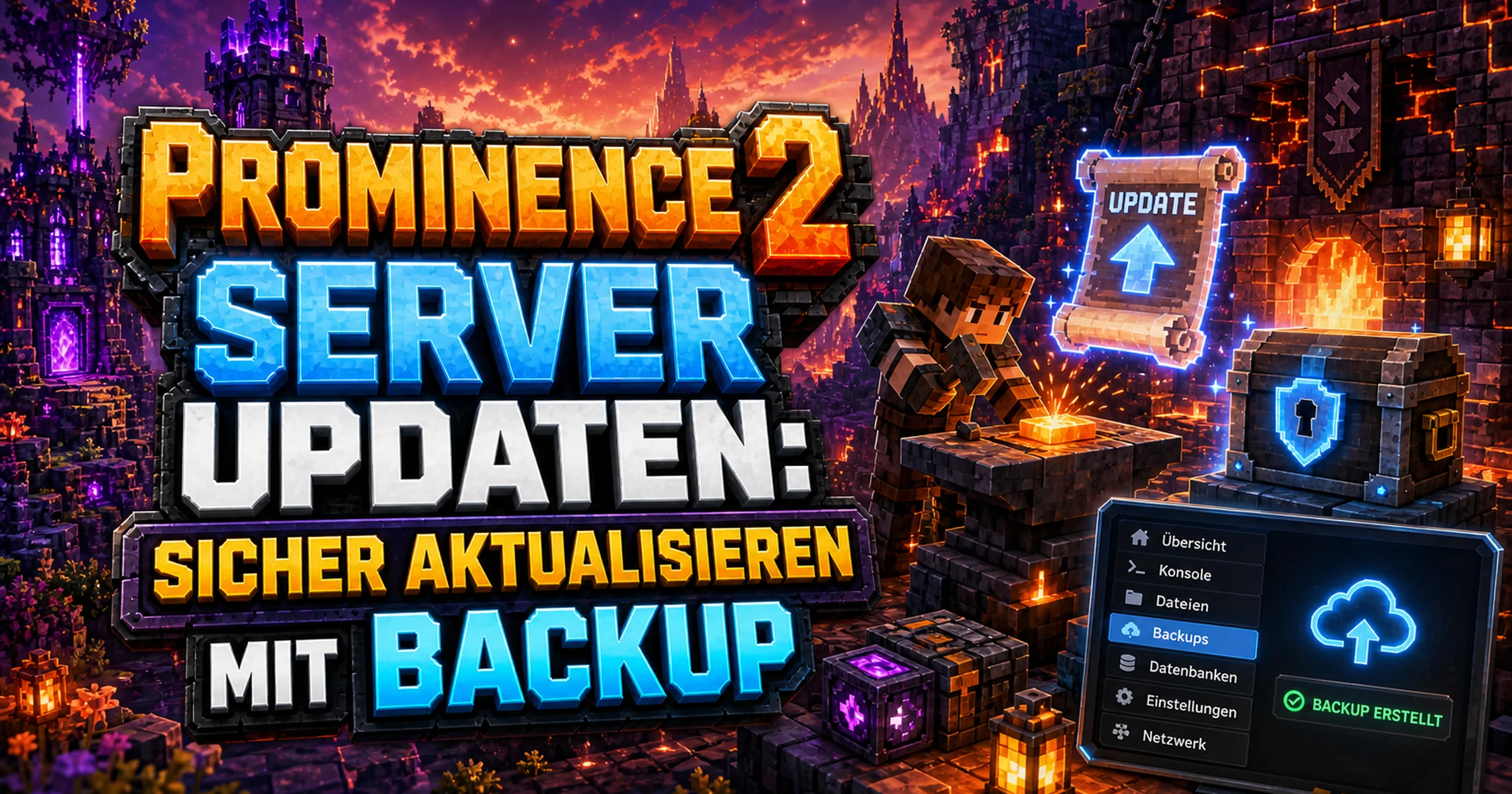 Ein Minecraft-Schmied am Amboss mit einer glühenden Schriftrolle und einem Schutzschild vor einer Lavaschmiede