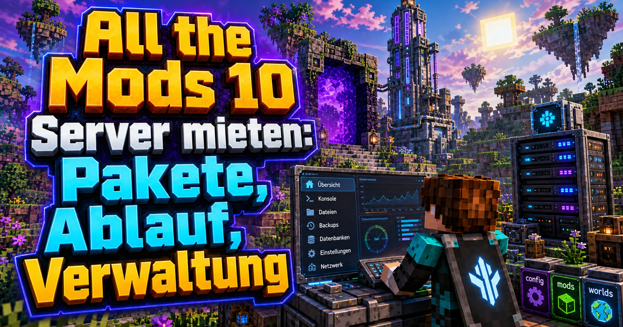 Blockige Minecraft-Landschaft mit einem leuchtenden Portal und einem Serverturm im Hintergrund