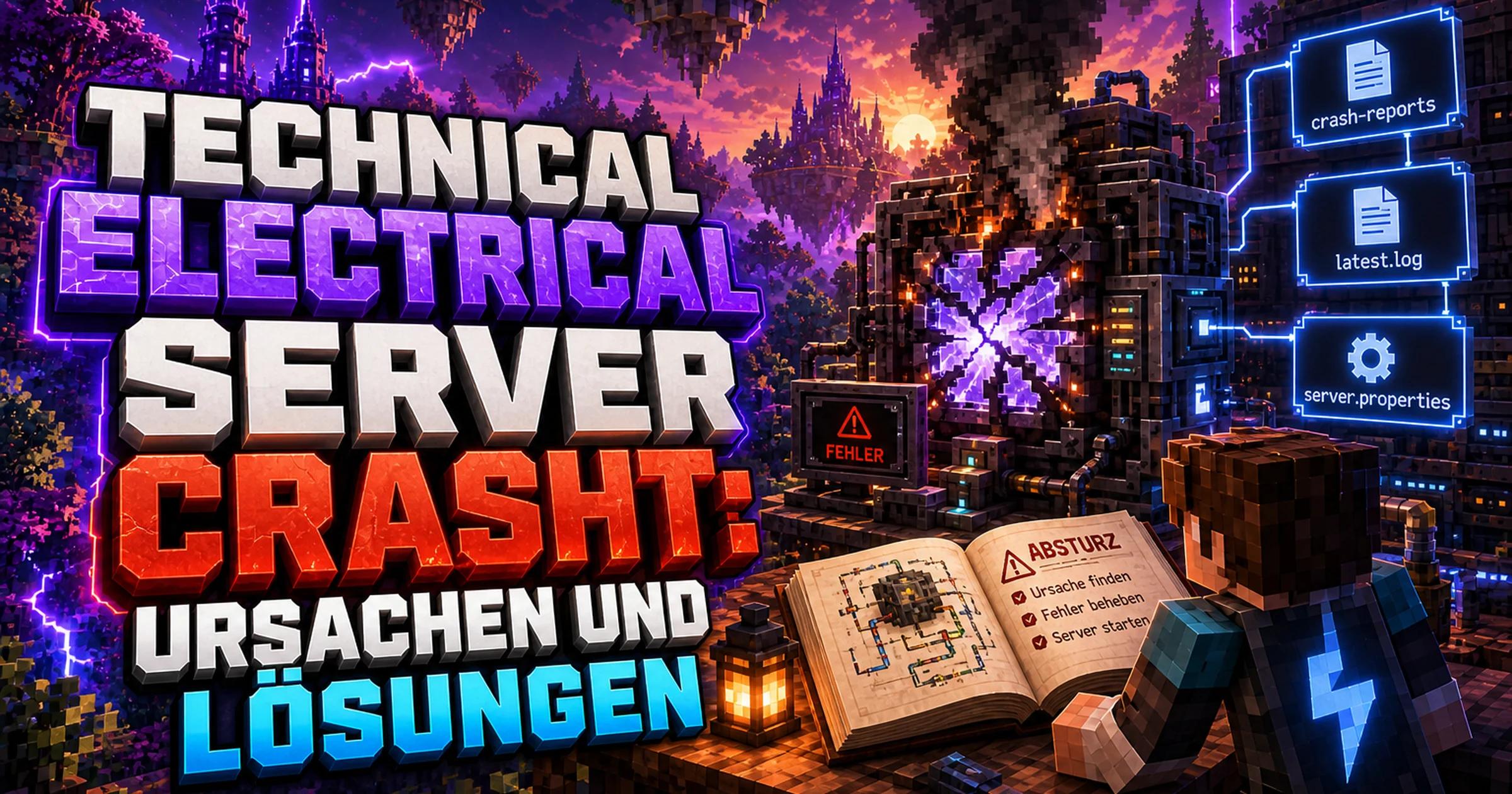 Minecraft-Maschine mit Rauch und aufgeschlagenem Fehlerbericht auf einem Tisch