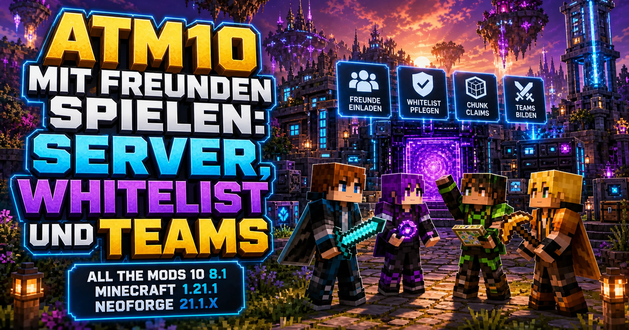 Vier Minecraft-Figuren stehen gemeinsam vor einer großen Basis mit Portal und Maschinen