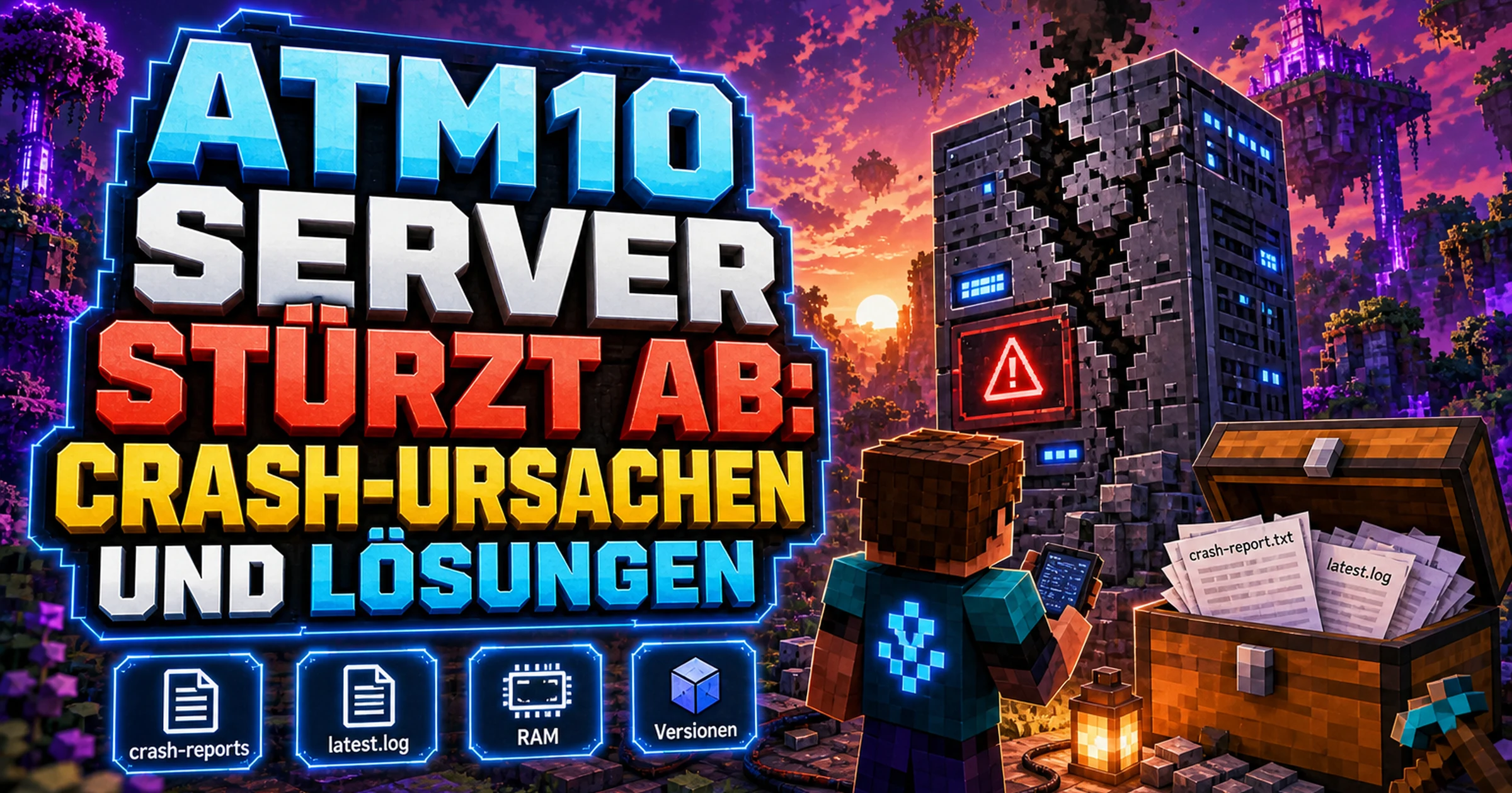 Ein Minecraft-Server-Turm mit Rissen und aufsteigendem Rauch neben einem Ordner voller Berichte
