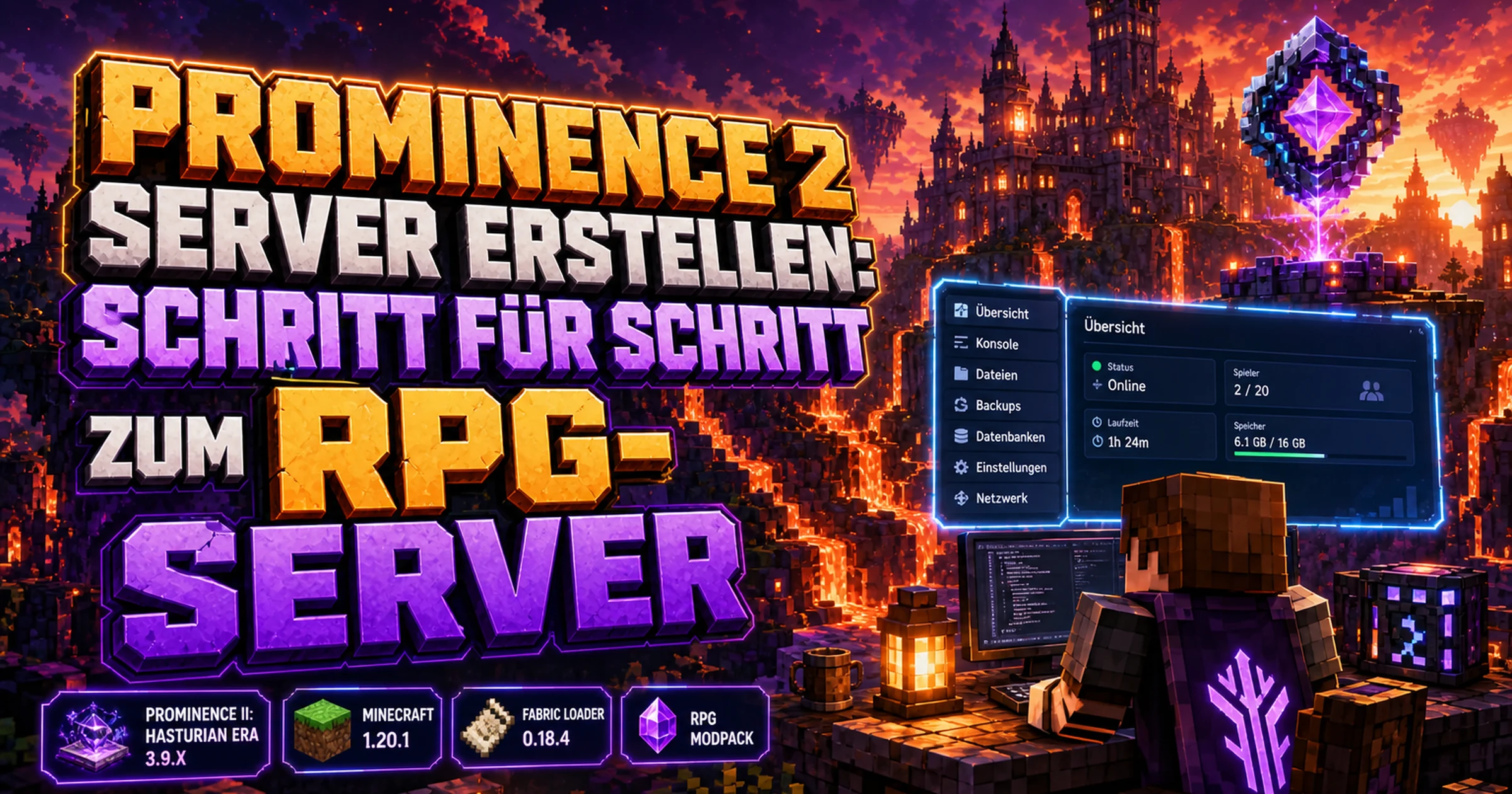 Vulkanische Fantasy-Landschaft mit einer Burgstadt und einem Server-Symbol im Minecraft-Stil