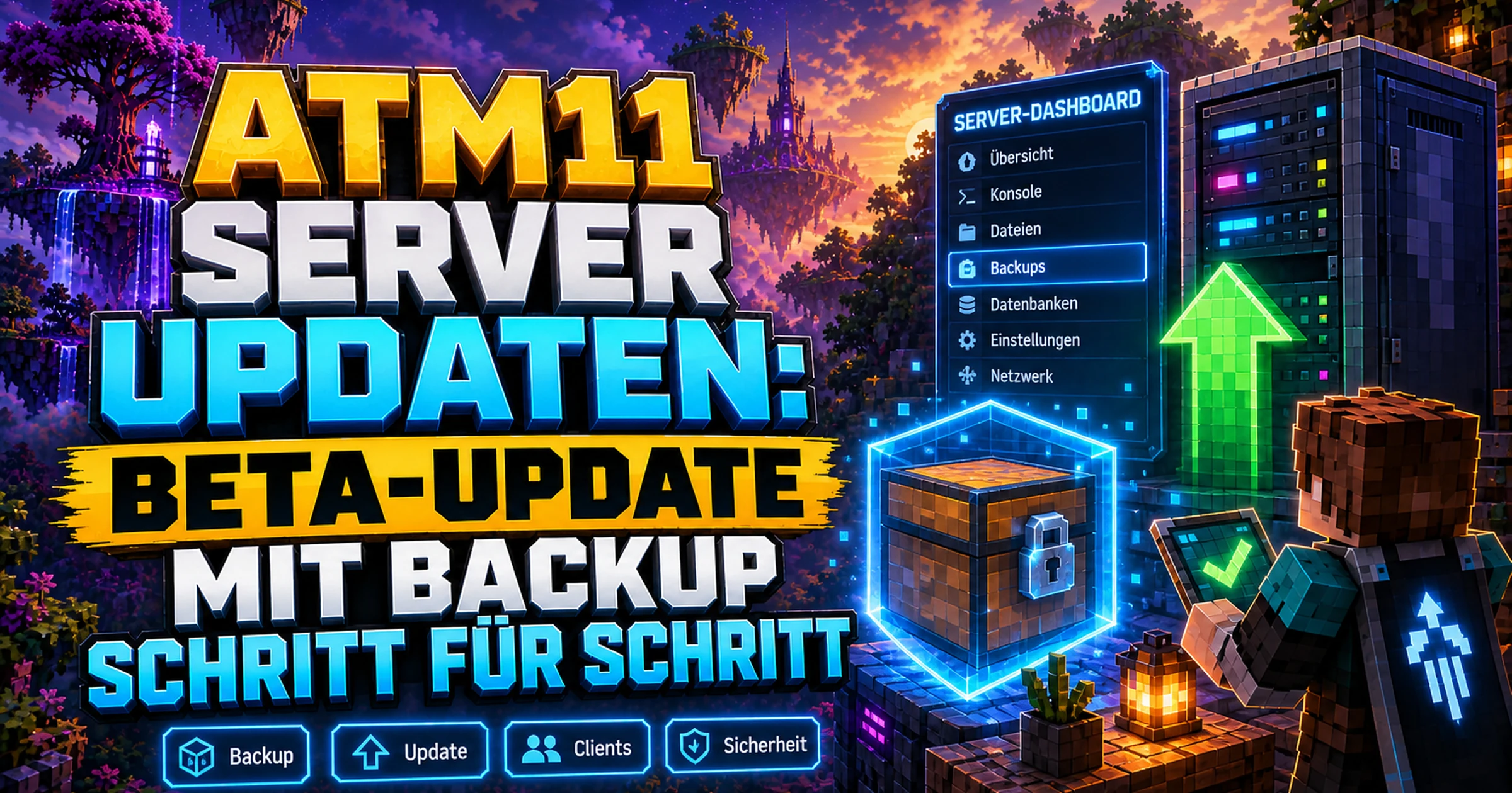 Minecraft-Truhe mit einem leuchtenden Schild neben einem Server, davor ein Pfeil nach oben