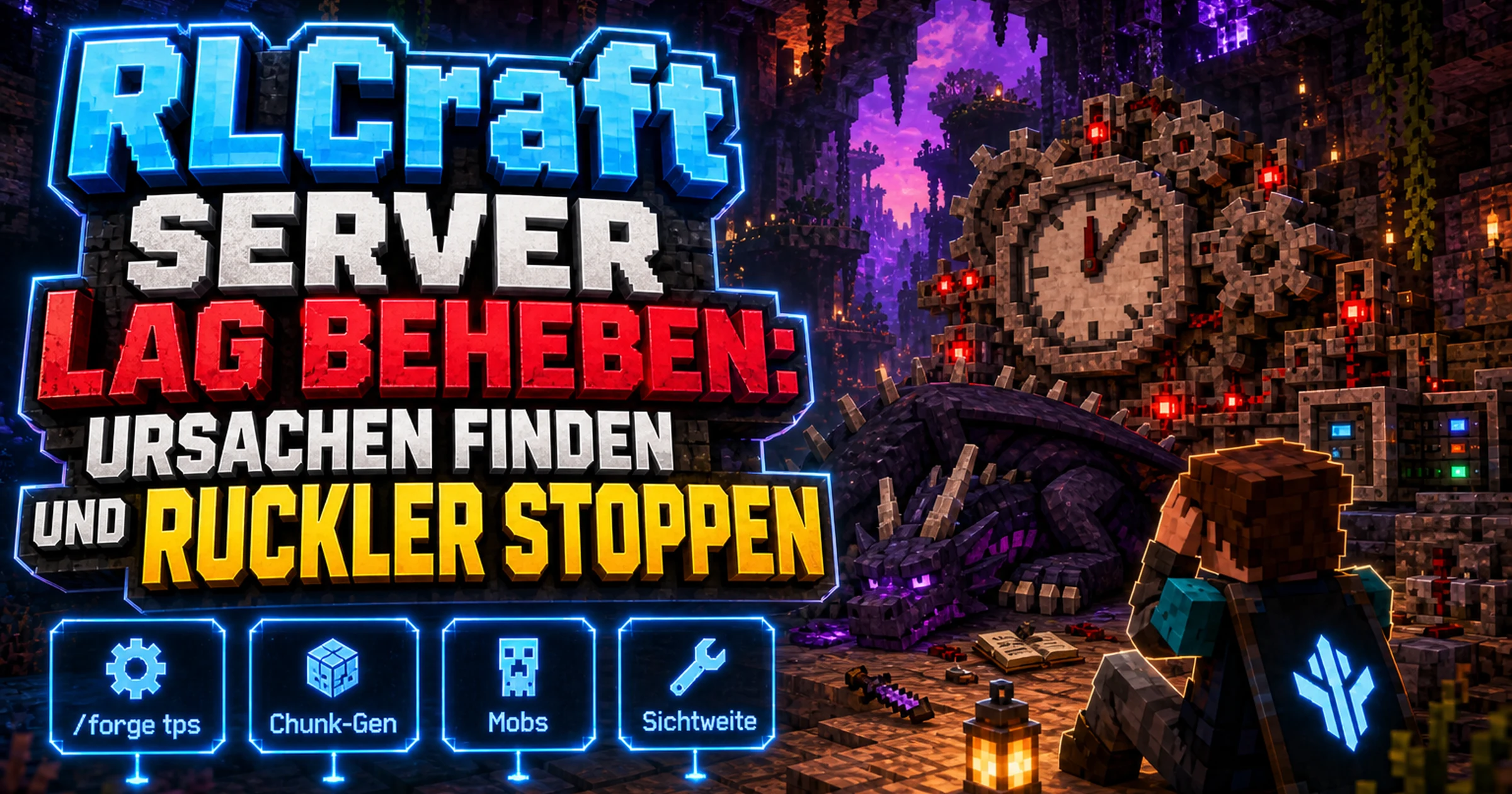 Pixelige Uhr mit Zahnrädern neben einem erschöpften Drachen in einer Höhle
