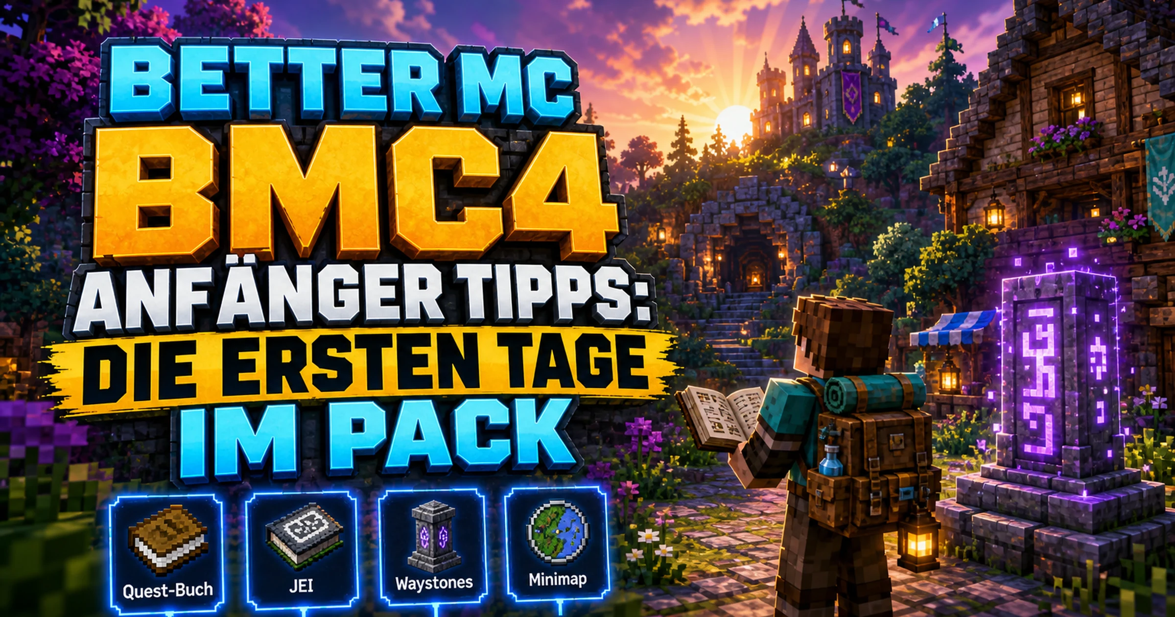 Minecraft-Spieler mit Rucksack und Buch steht vor einem Dorf mit Waystone im Morgenlicht