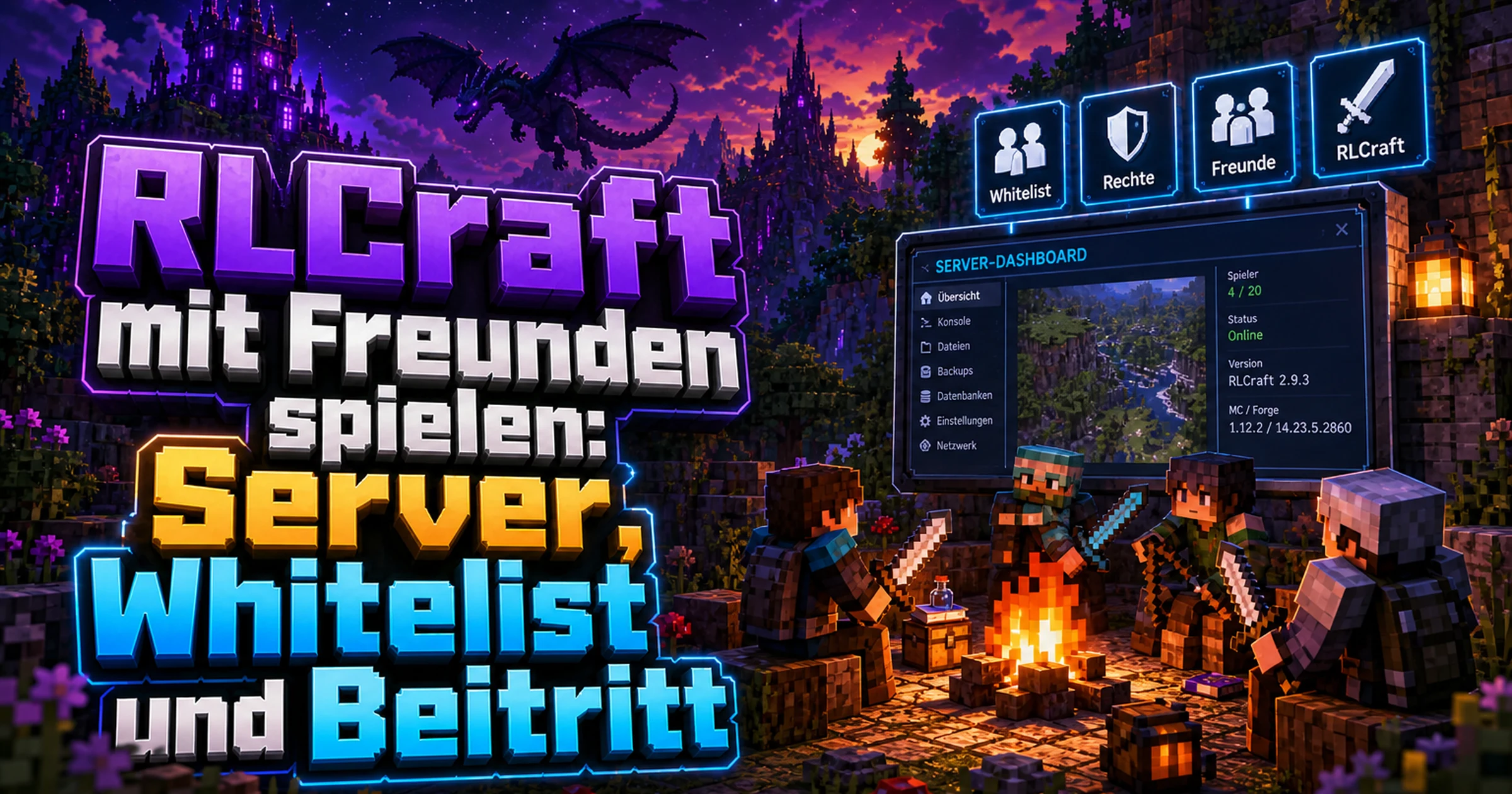 Vier pixelige Spielerfiguren mit Schwertern vor einem Lagerfeuer bei Nacht