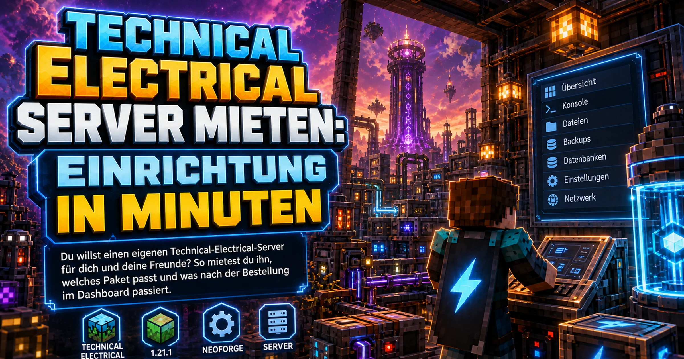 Blockige Minecraft-Fabrikhalle mit Maschinen, Kabeln und leuchtenden Energiezellen