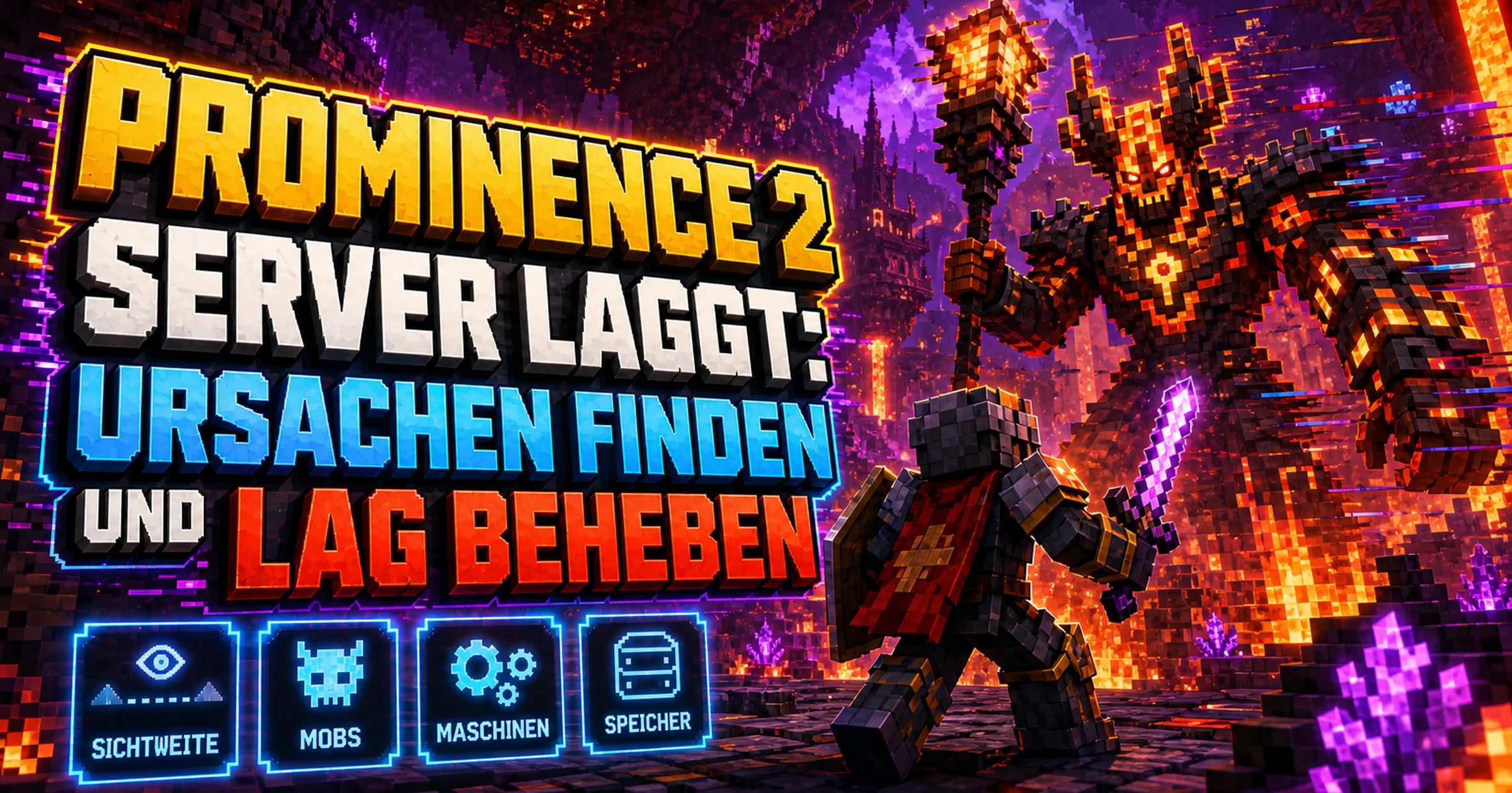 Ein Minecraft-Ritter kämpft gegen einen Boss in einer Lavahöhle, Bewegungsunschärfe deutet Lag an