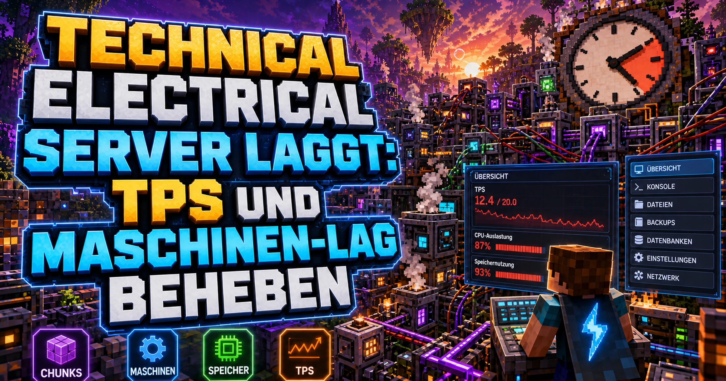 Minecraft-Fabrik mit überlasteten Maschinen und flackernden Kabeln unter einer Uhr