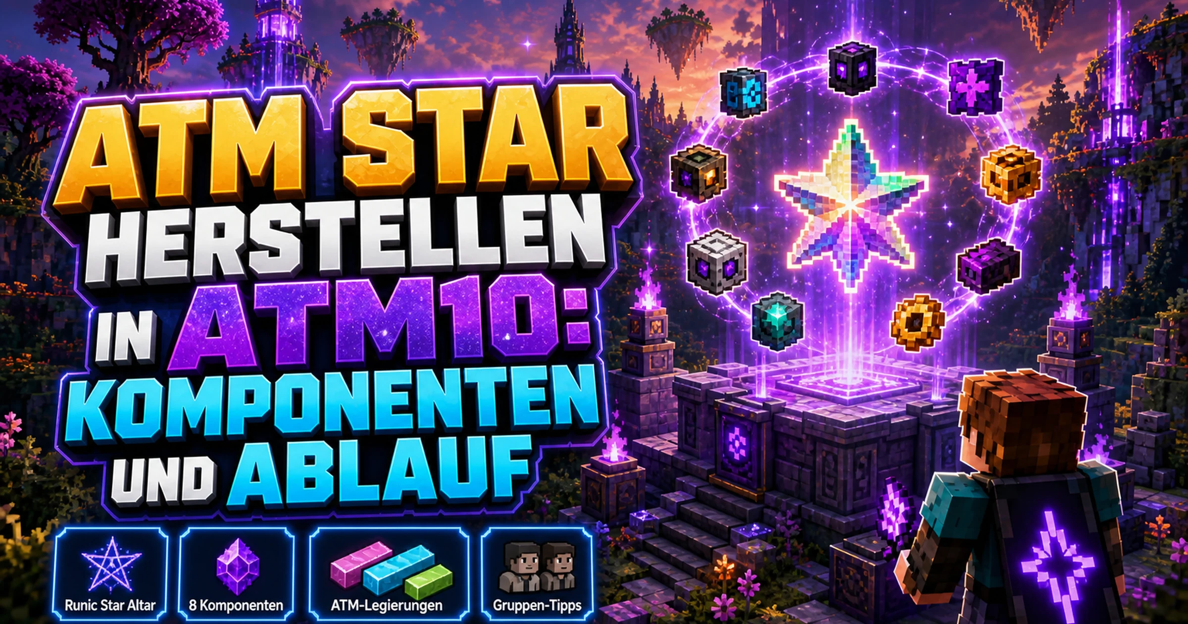 Ein leuchtender Stern über einem Minecraft-Altar mit acht schwebenden Komponenten