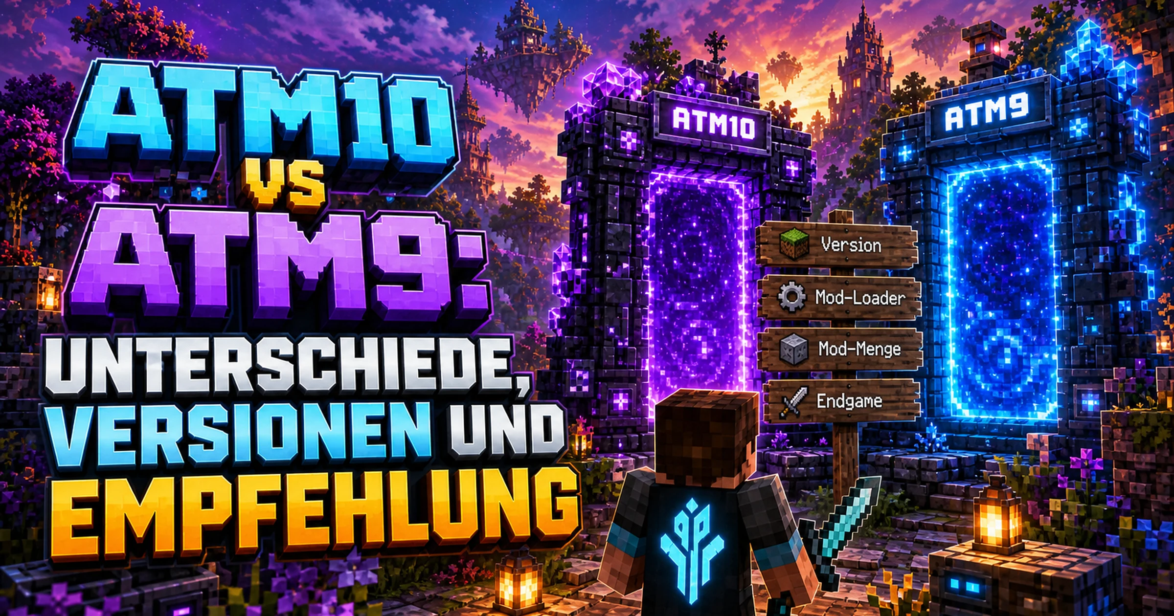 Zwei Minecraft-Portale nebeneinander, eines in violettem, eines in blauem Licht, dazwischen ein Wegweiser