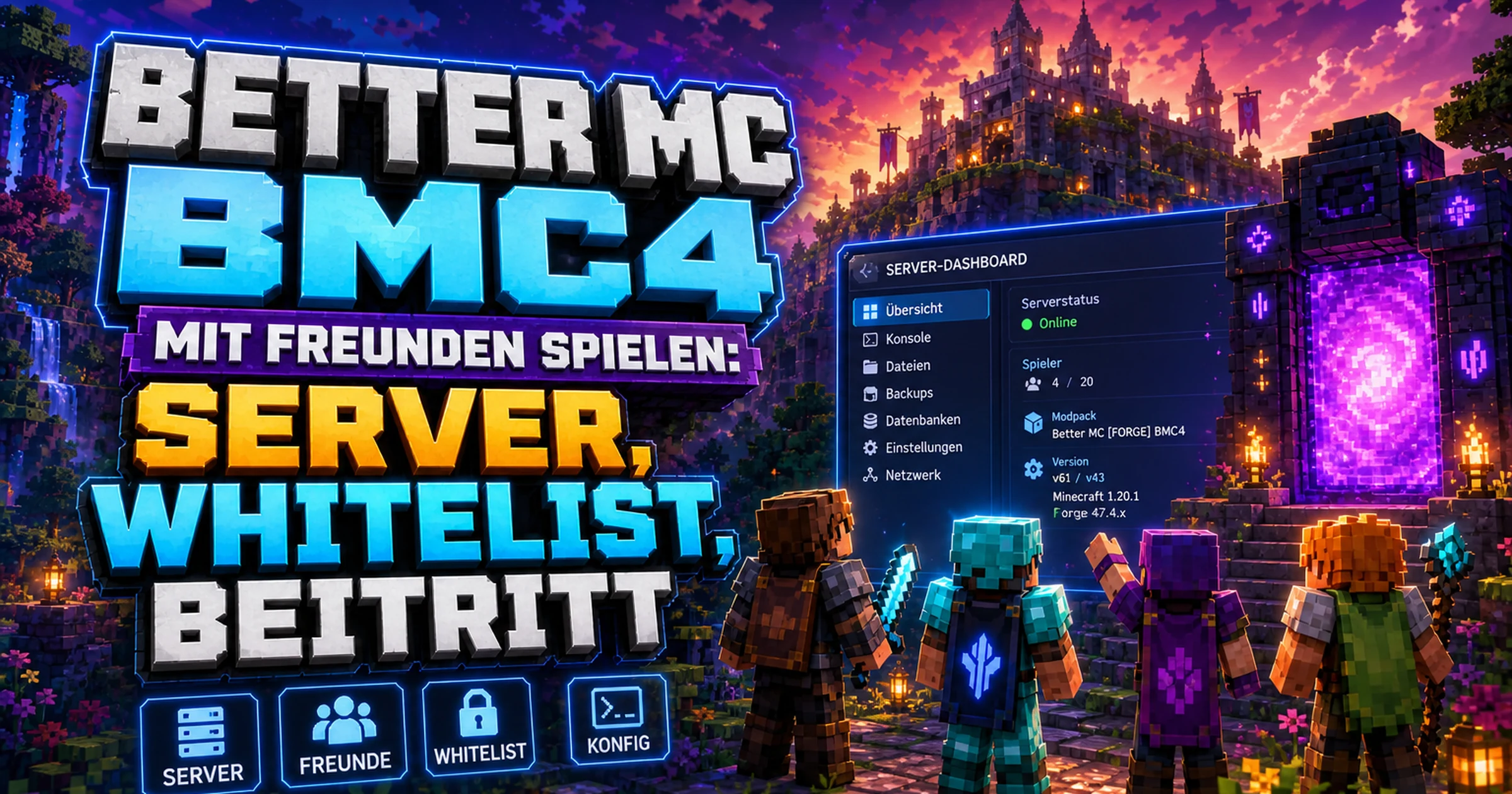 Vier blockige Minecraft-Spieler stehen gemeinsam vor einem Portal in einer Abenteuerlandschaft