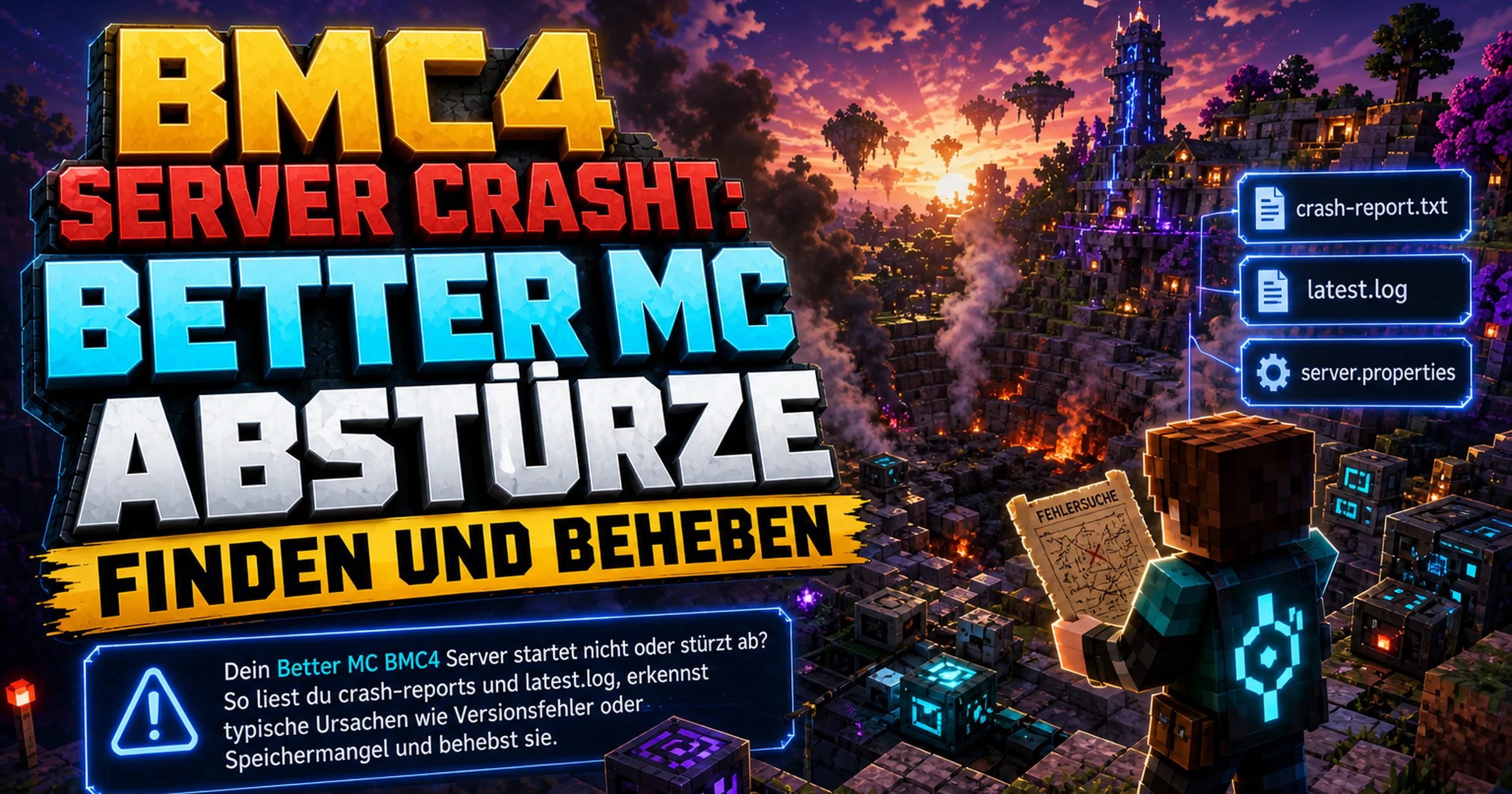 Minecraft-Landschaft mit rauchendem Krater und zerbrochenen Blöcken als Symbol für einen Serverabsturz