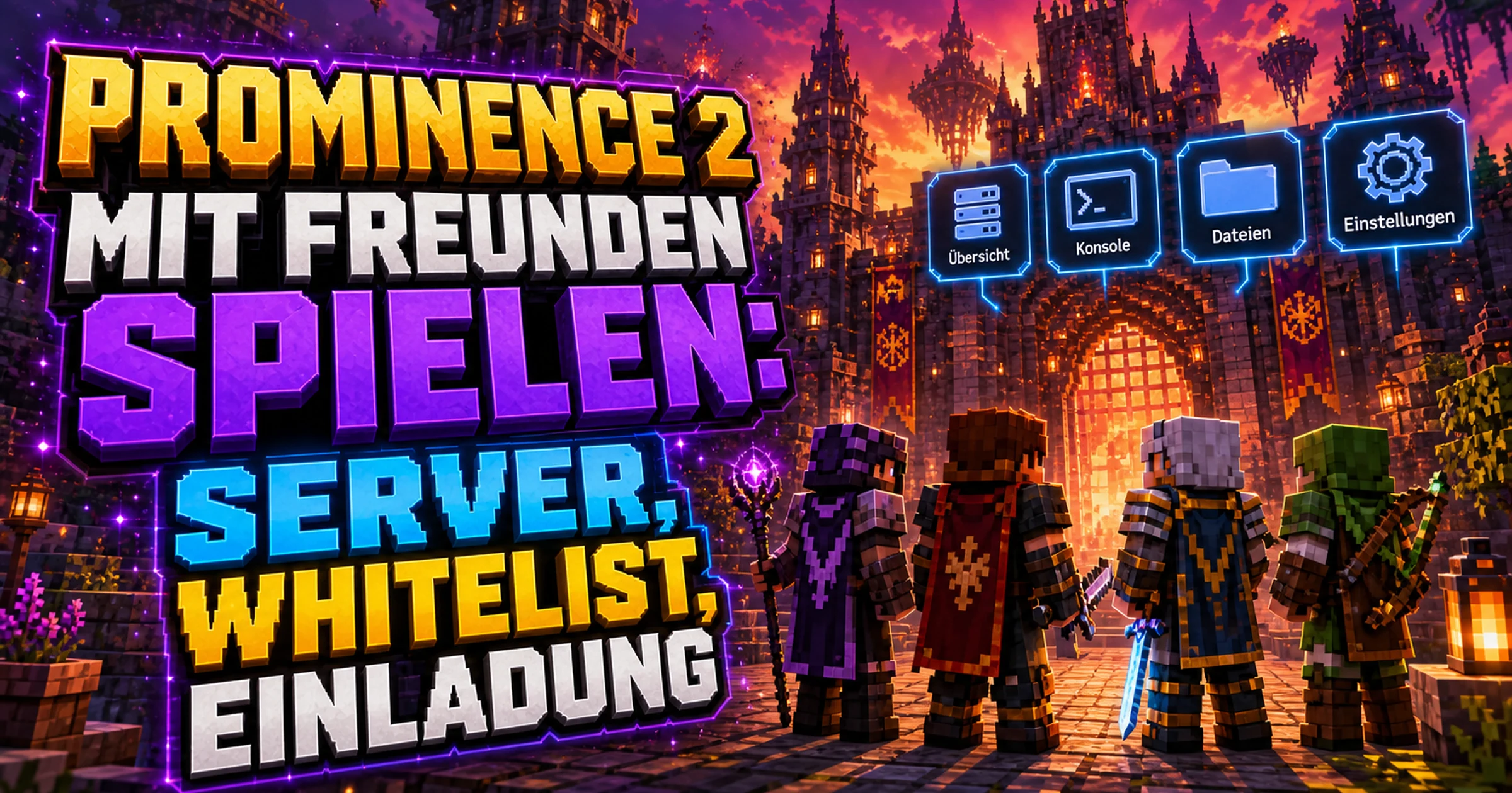 Vier Minecraft-Abenteurer stehen gemeinsam vor den Toren einer Burgstadt bei Sonnenuntergang