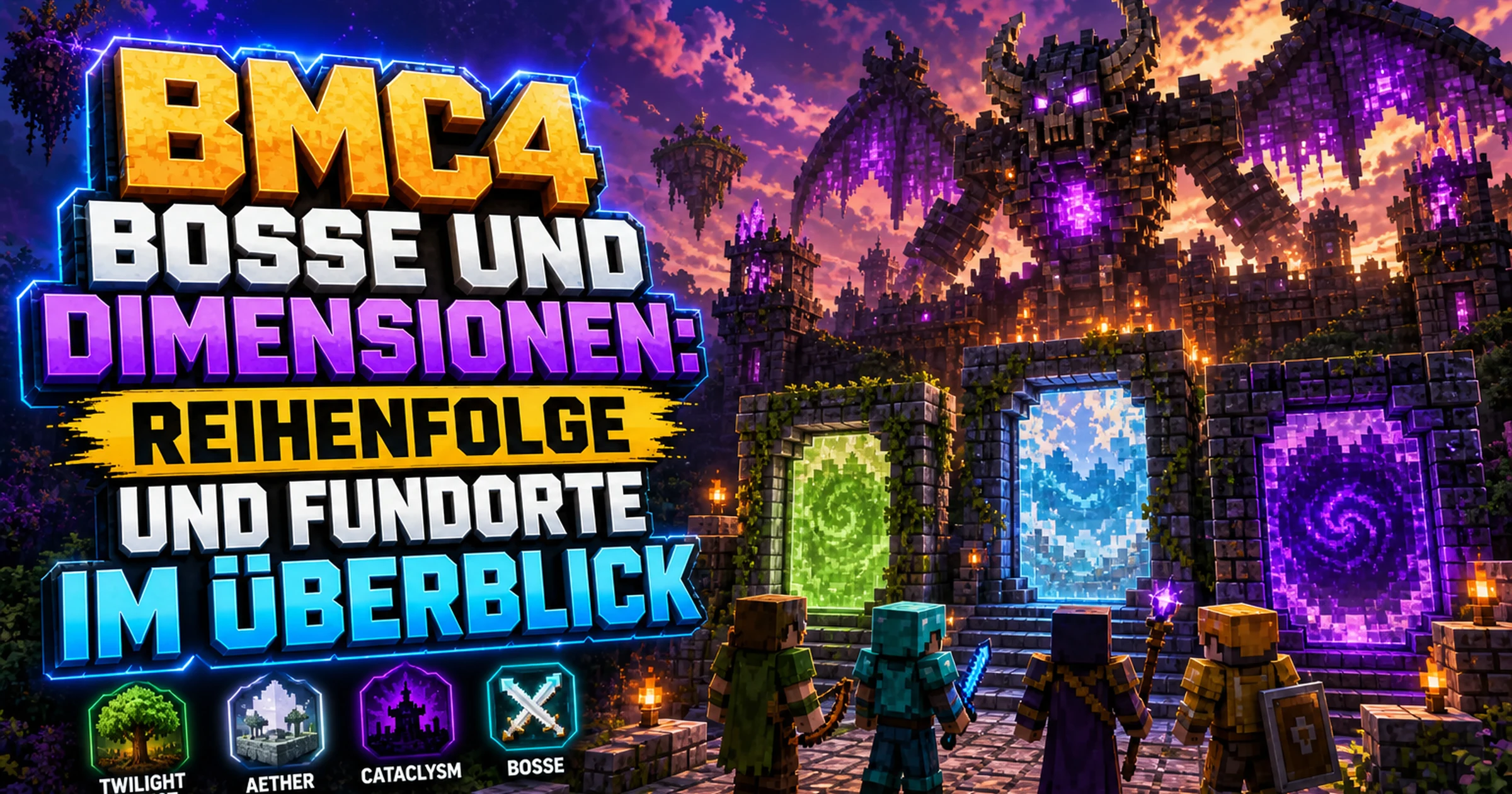Minecraft-Spieler stehen vor einem gewaltigen Drachen über einer Festung mit mehreren leuchtenden Portalen