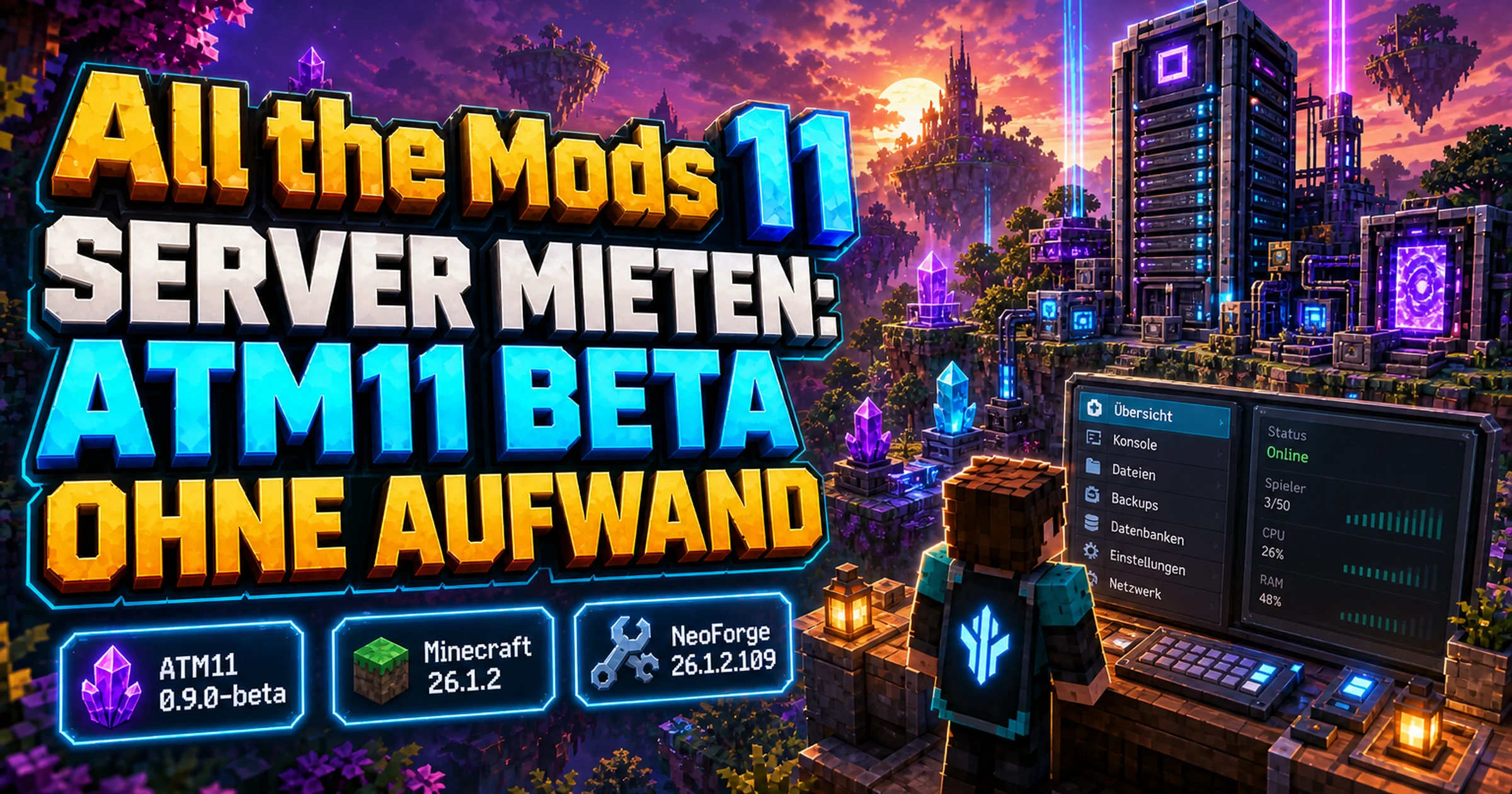 Blockige Minecraft-Fantasielandschaft mit Technikmaschinen, magischen Kristallen und einem leuchtenden Serverturm
