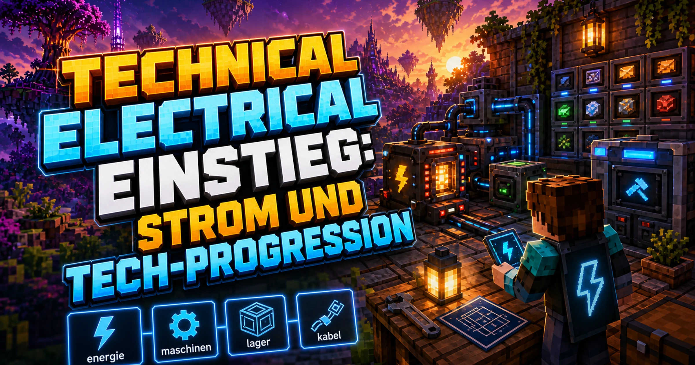 Minecraft-Werkbank mit ersten Generatoren, Kabeln und einer kleinen Maschine