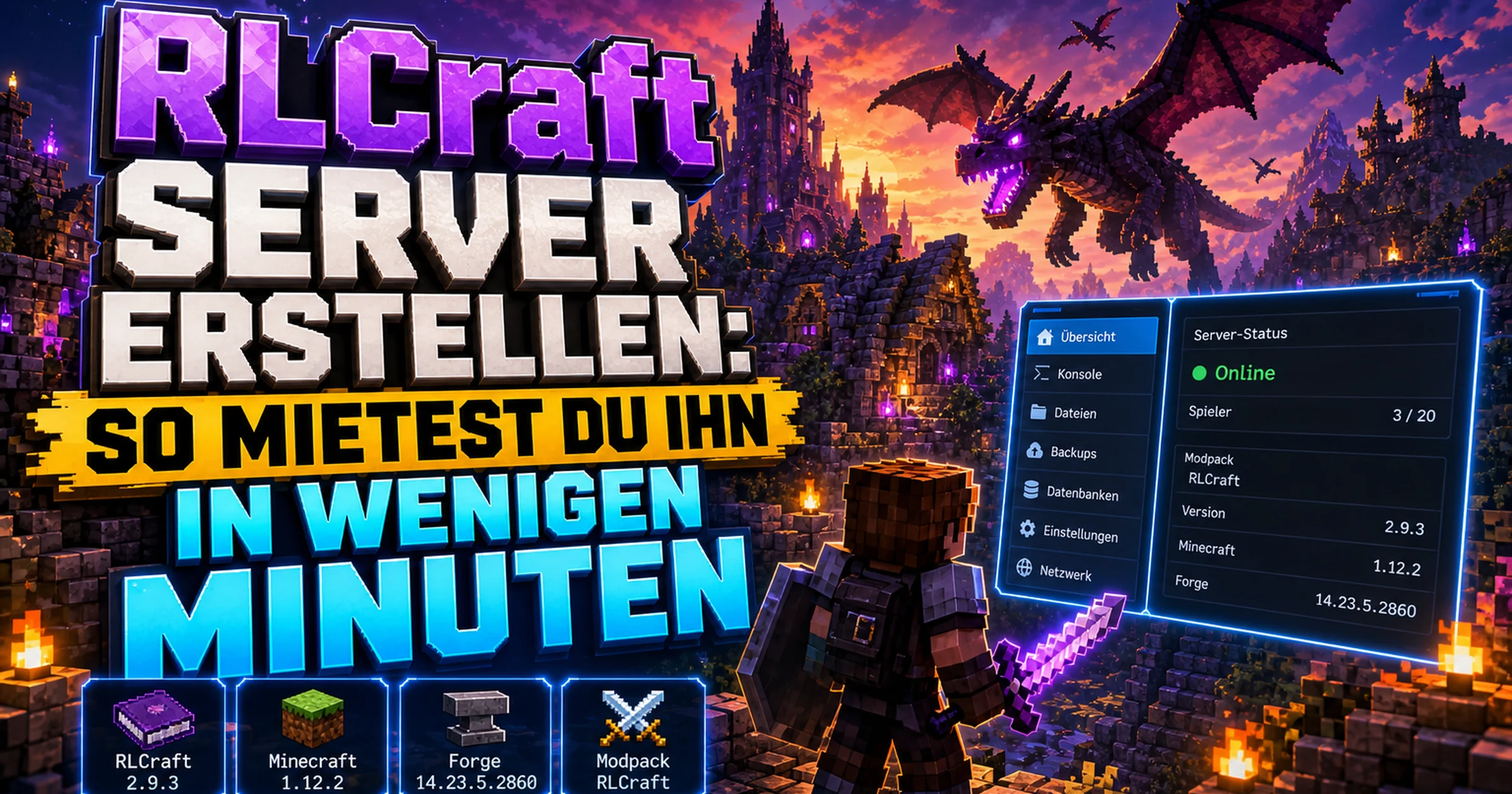 Pixelige Fantasy-Landschaft mit einem Drachen über einem Dorf bei Sonnenuntergang