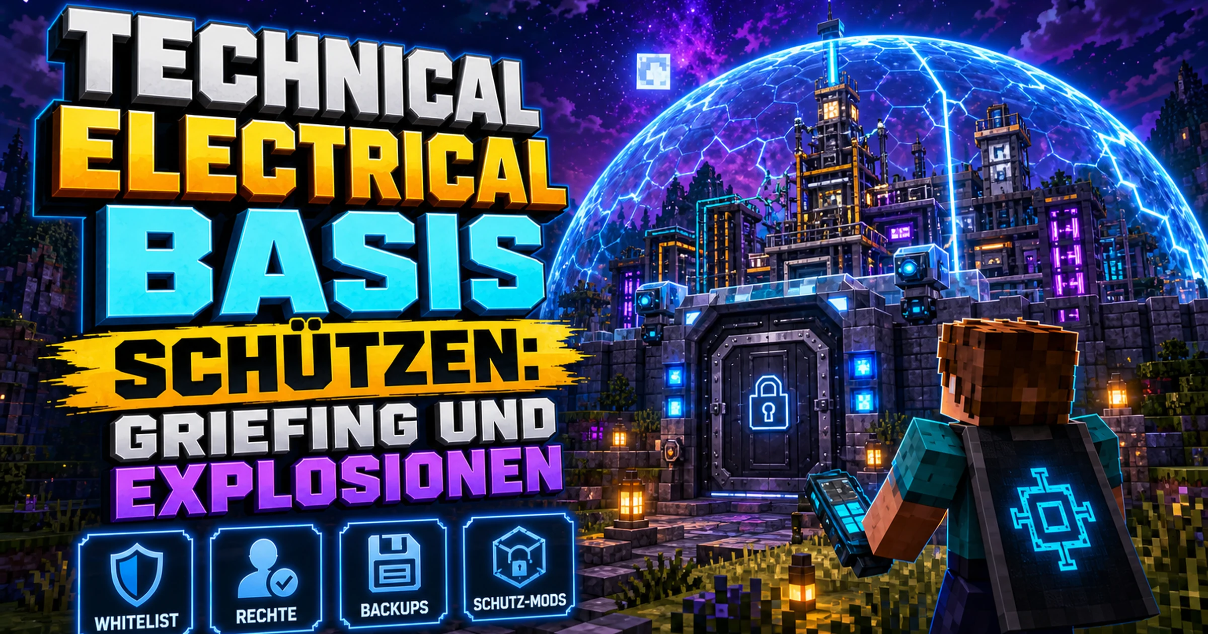 Minecraft-Fabrik hinter einem leuchtenden Kraftfeld mit einer verschlossenen Tür