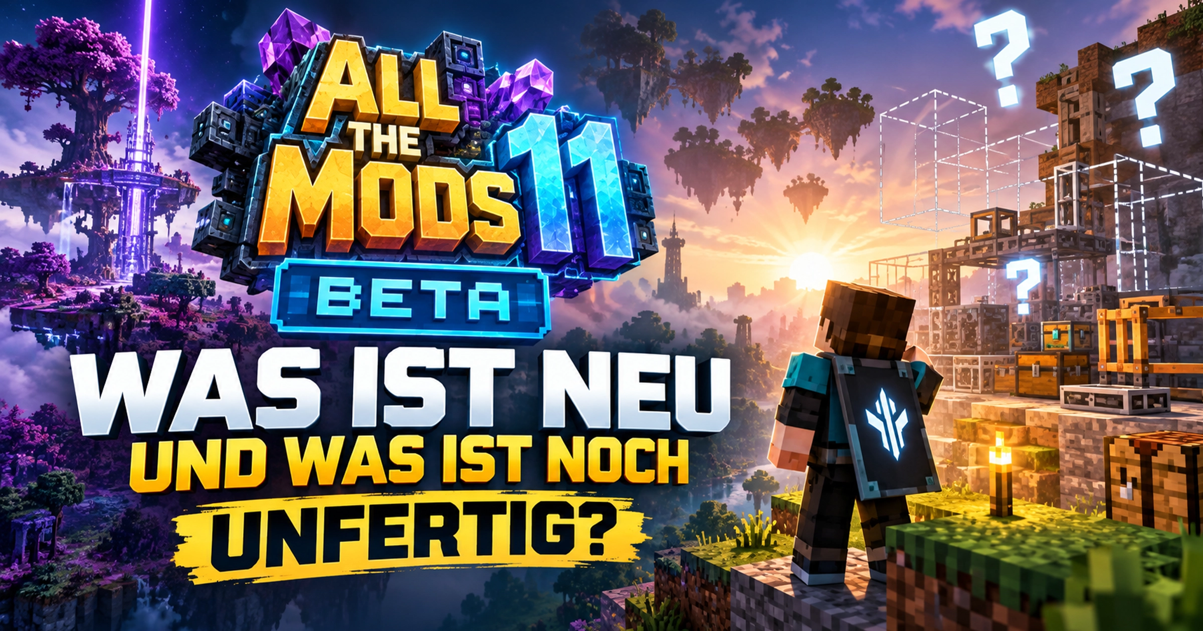 Minecraft-Baustelle mit Gerüst um einen halbfertigen Turm aus Maschinen und magischen Kristallen