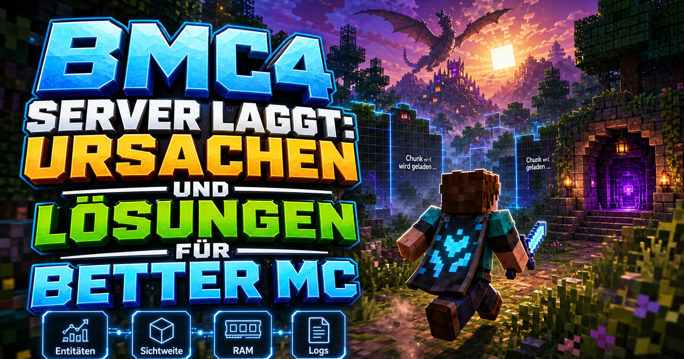 Minecraft-Spielfigur läuft durch neblige Landschaft, im Hintergrund Ladebalken aus Blöcken als Symbol für Serverlag