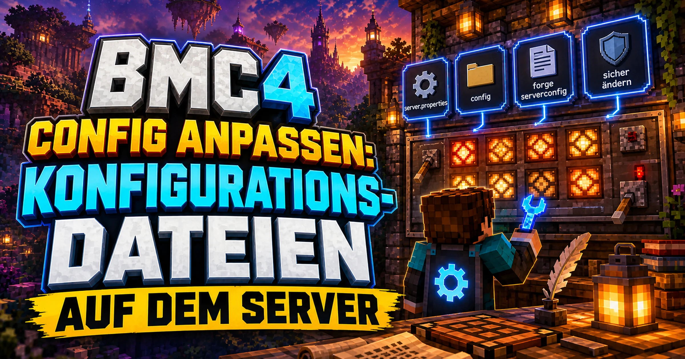 Minecraft-Werkbank mit Schriftrollen und Redstone-Hebeln als Symbol für Einstellungen und Konfiguration