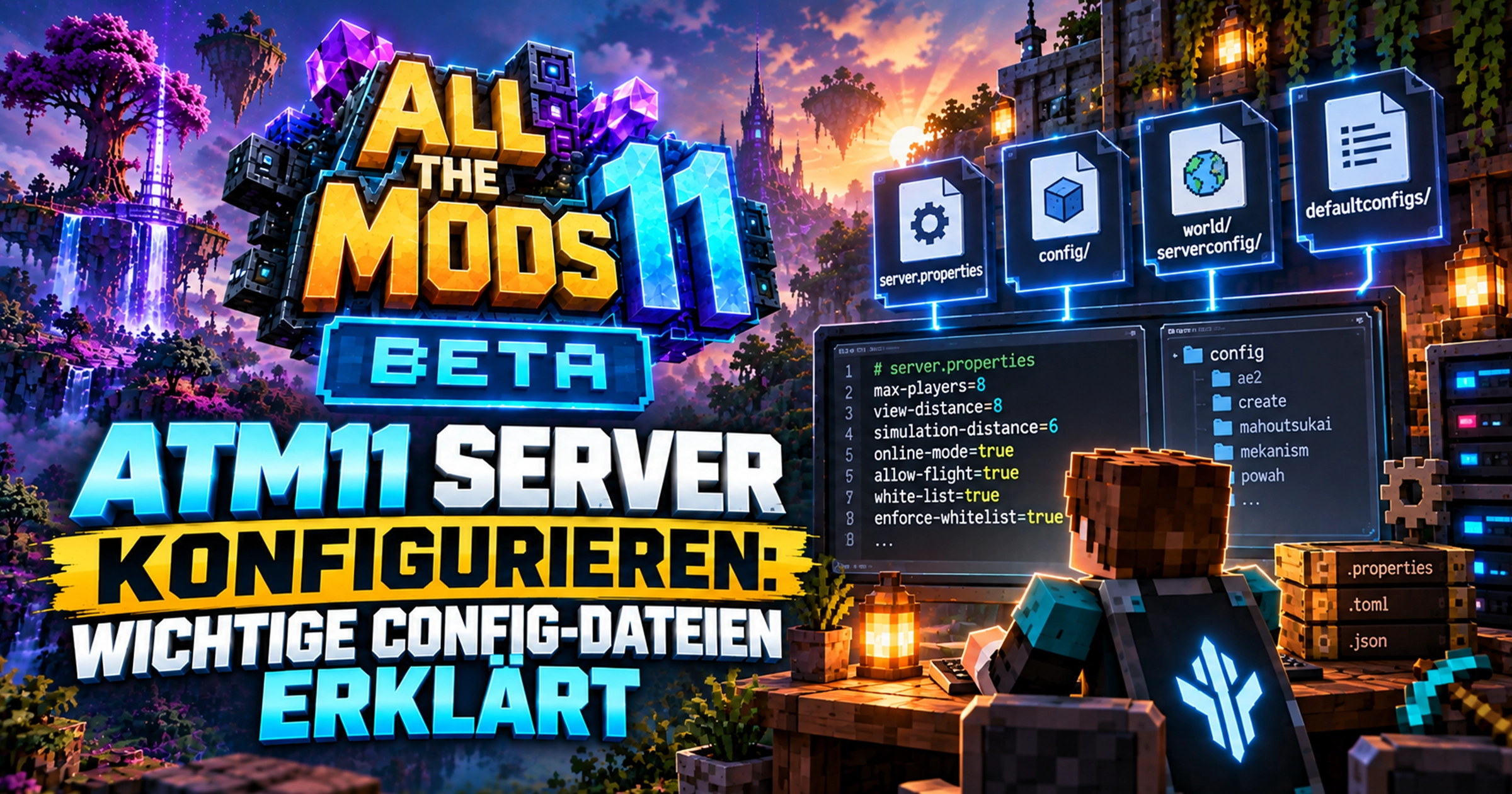 Minecraft-Werkbank mit Schaltern, Reglern und Konfigurationsschriftrollen vor einer Serverlandschaft