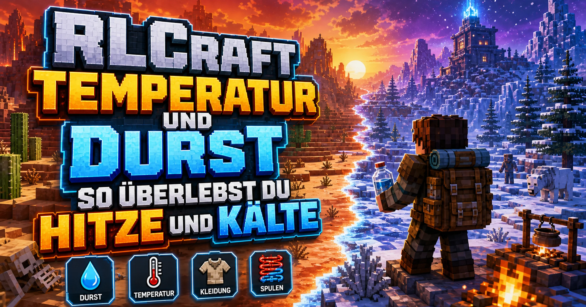 Pixelige Spielfigur mit Wasserflasche zwischen Wüste und Schneelandschaft