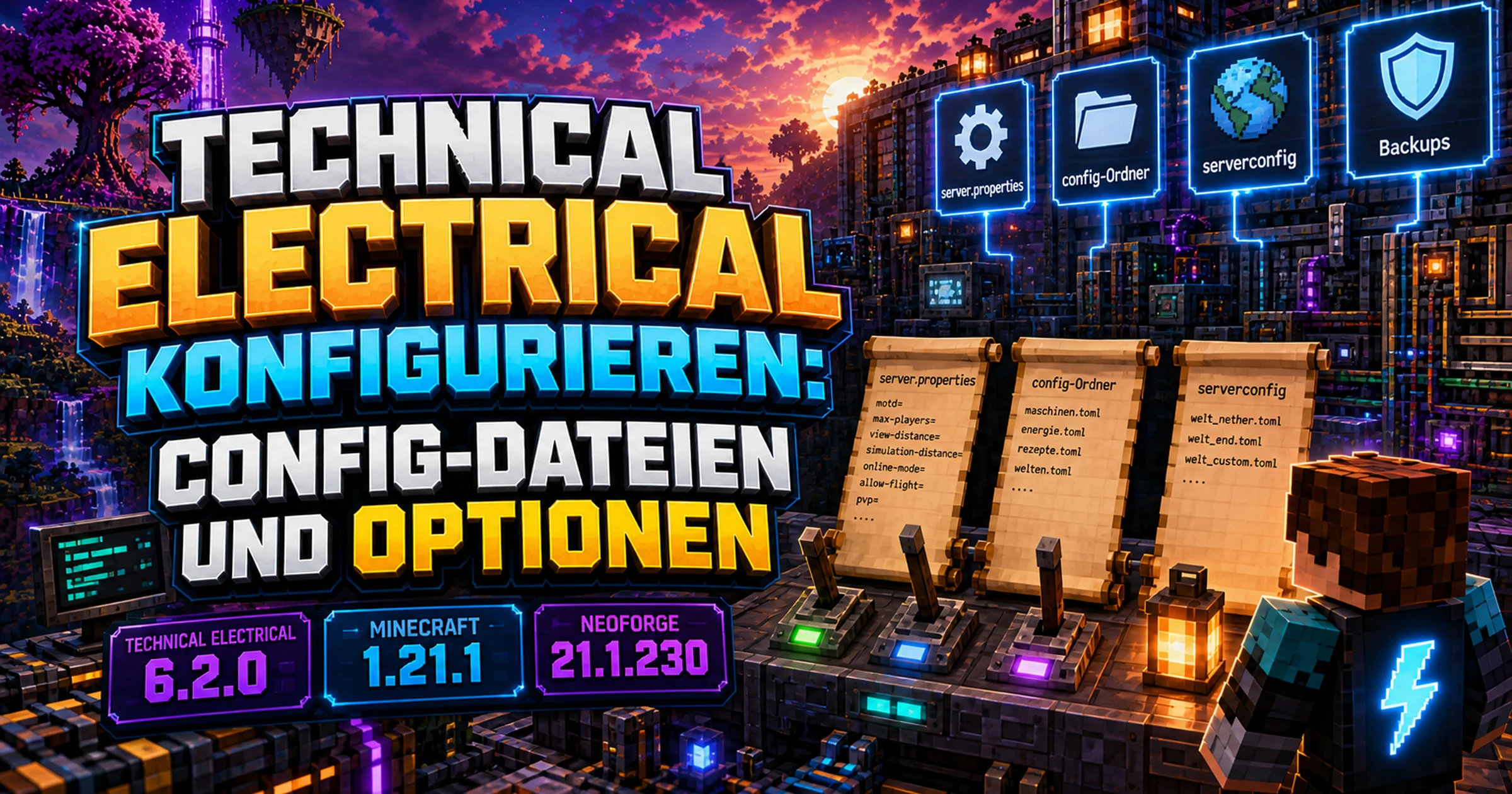 Minecraft-Schaltpult mit Reglern und Konfigurationsrollen vor einer Maschinenhalle